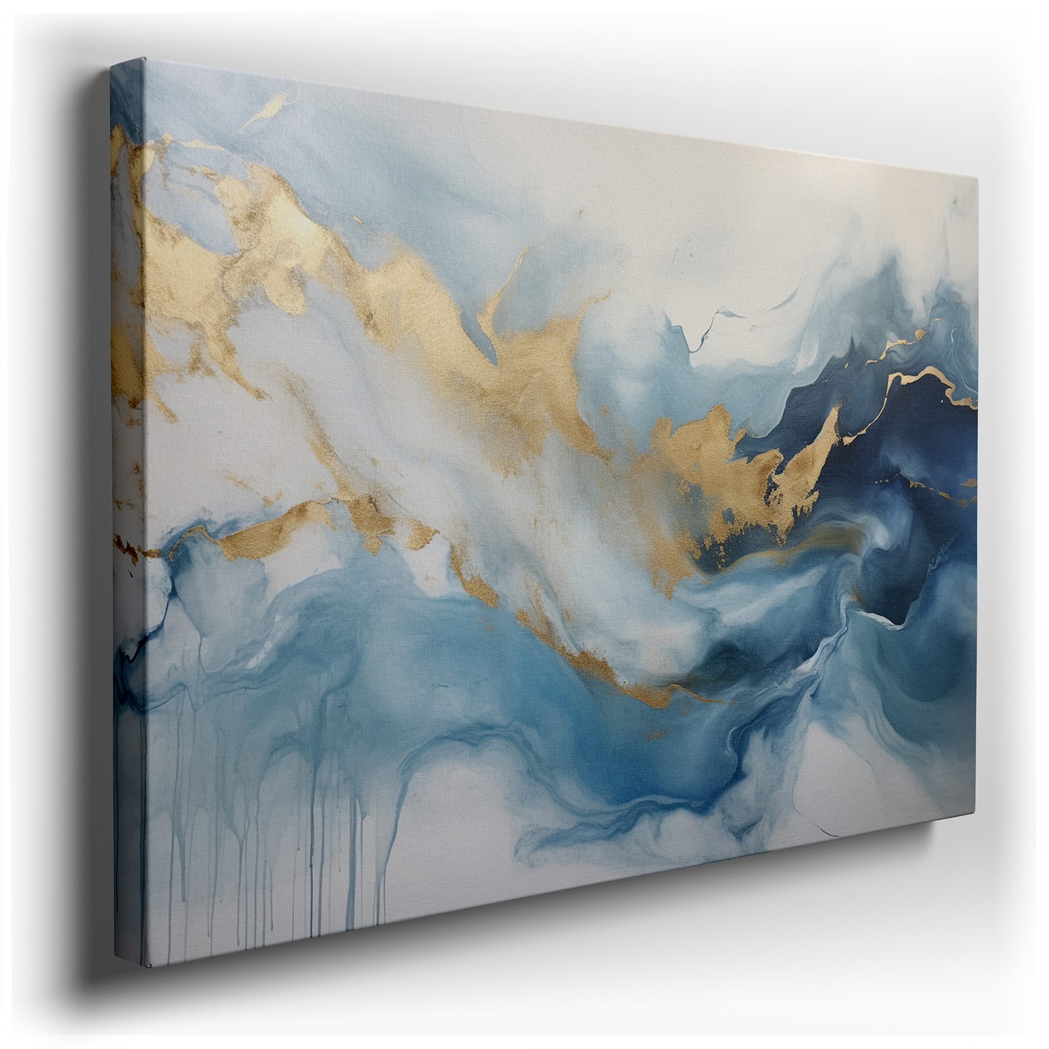 Serene Blues and Golden Waves: A Tranquil Fluid Art Masterpiece for Contemporary Spaces - Large Wall Art, Canvas Wall