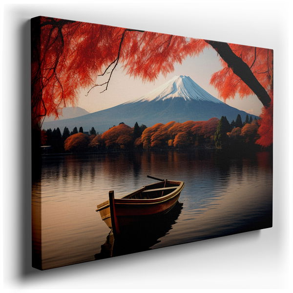 Serene Boat on a Calm Lake - Autumn Colors Canvas Wall Art