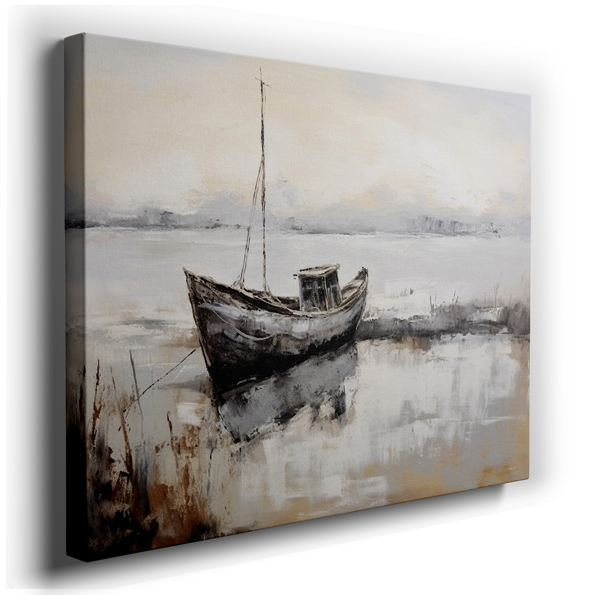 Serene Boat Reflections on a Peaceful Lake - Large Canvas Wall Art for Office and Bedroom Decor wrapped canvas - main