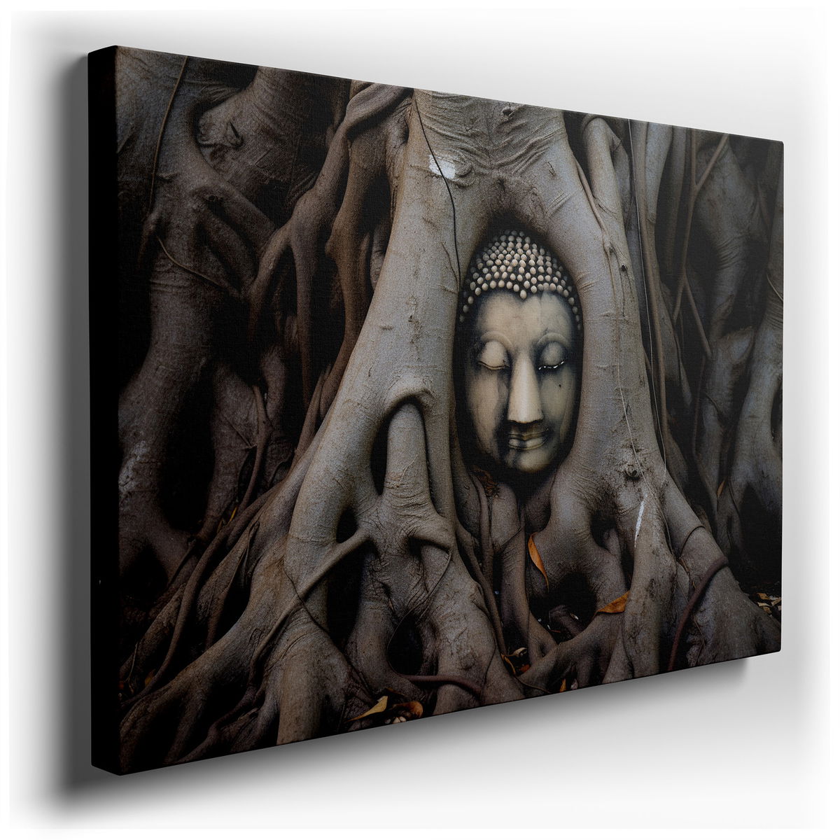 Serene Buddha Amidst Ancient Roots - Zen Canvas Wall Art