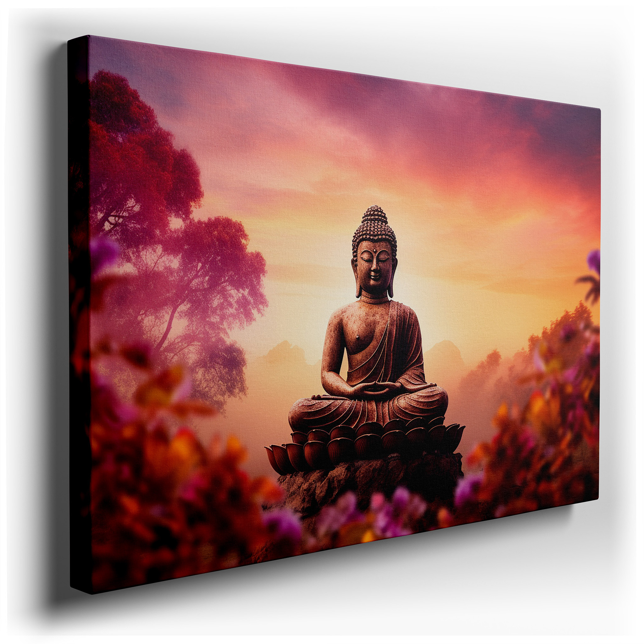 Serene Buddha Amidst Sunlit Blossoms: A Tranquil Fusion of Light and Spirit - Large Canvas Wall Art for Office and