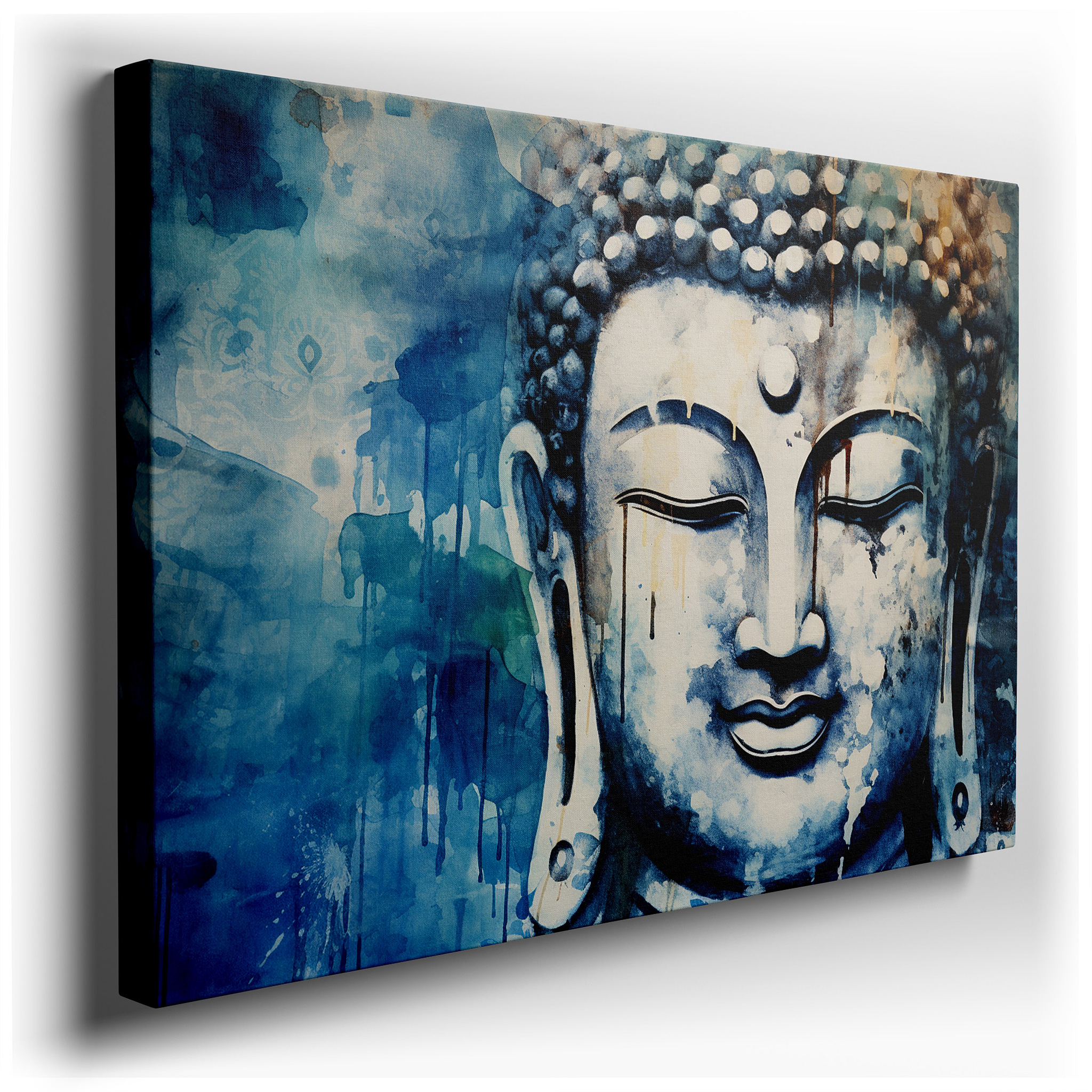 Serene Buddha Portrait in Calming Blue: A Tranquil and Mystical Display of Spiritual Depth - Large Canvas Wall Art for