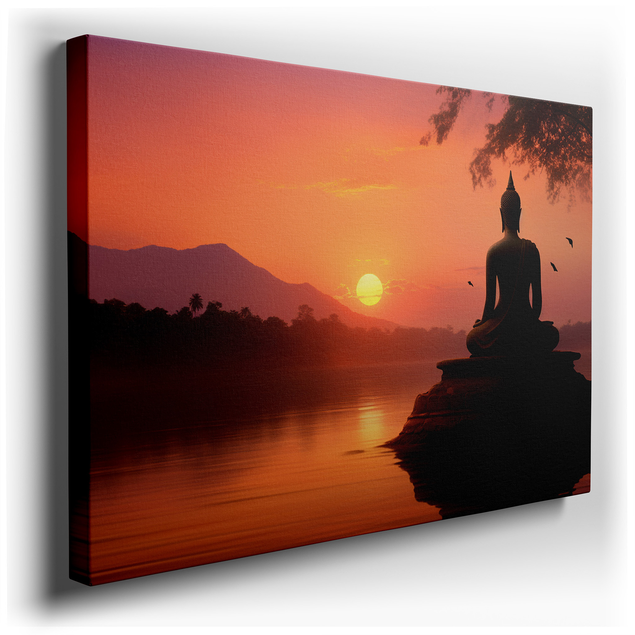 Serene Buddha Silhouette Against Sunset Large Canvas Wall Art, Inspiring Peace and Spiritual Awakening in Tranquil