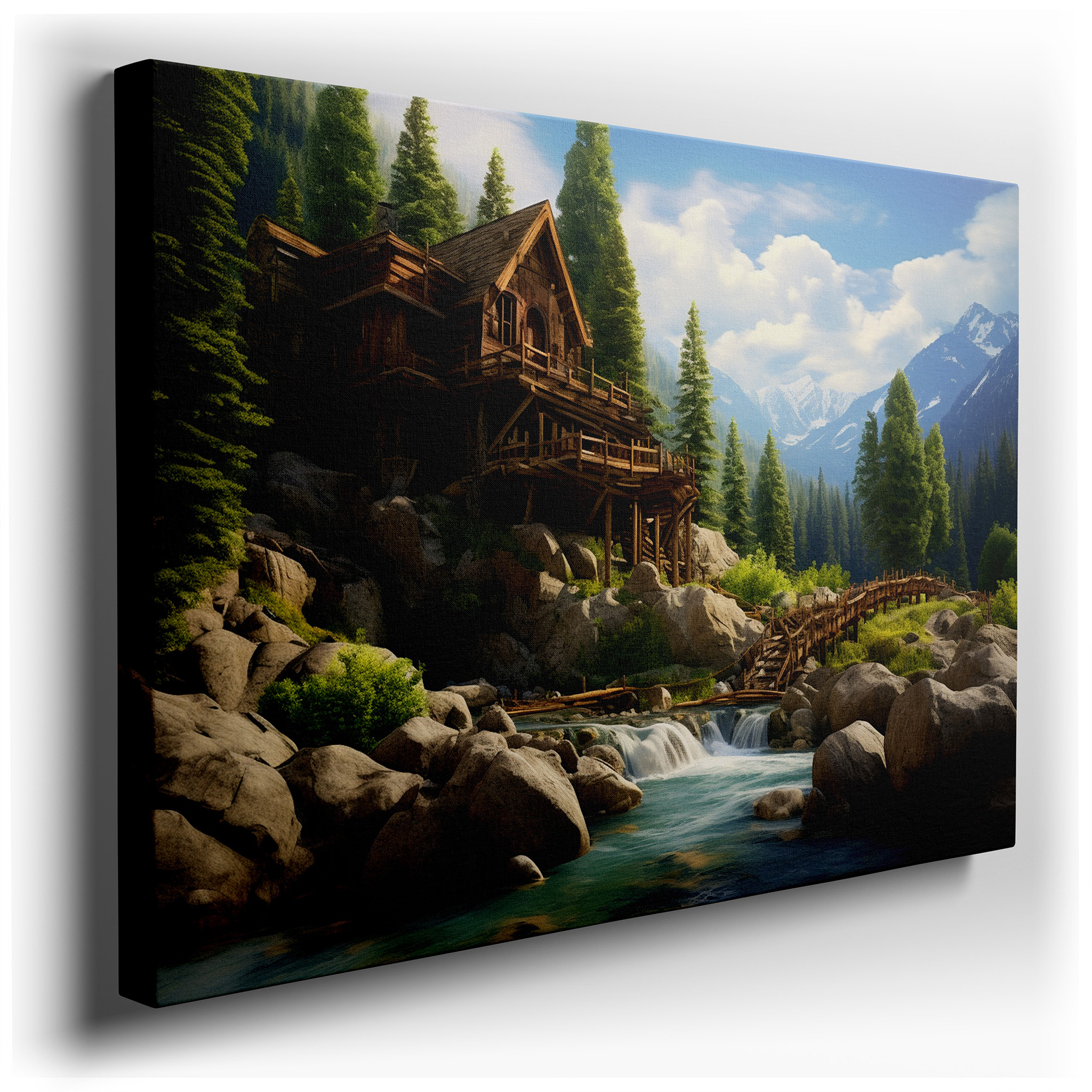 Serene Cabin Escape Surrounded by Verdant Foliage and Babbling Brooks: Oversized Wall Art, Canvas Wall Decor for