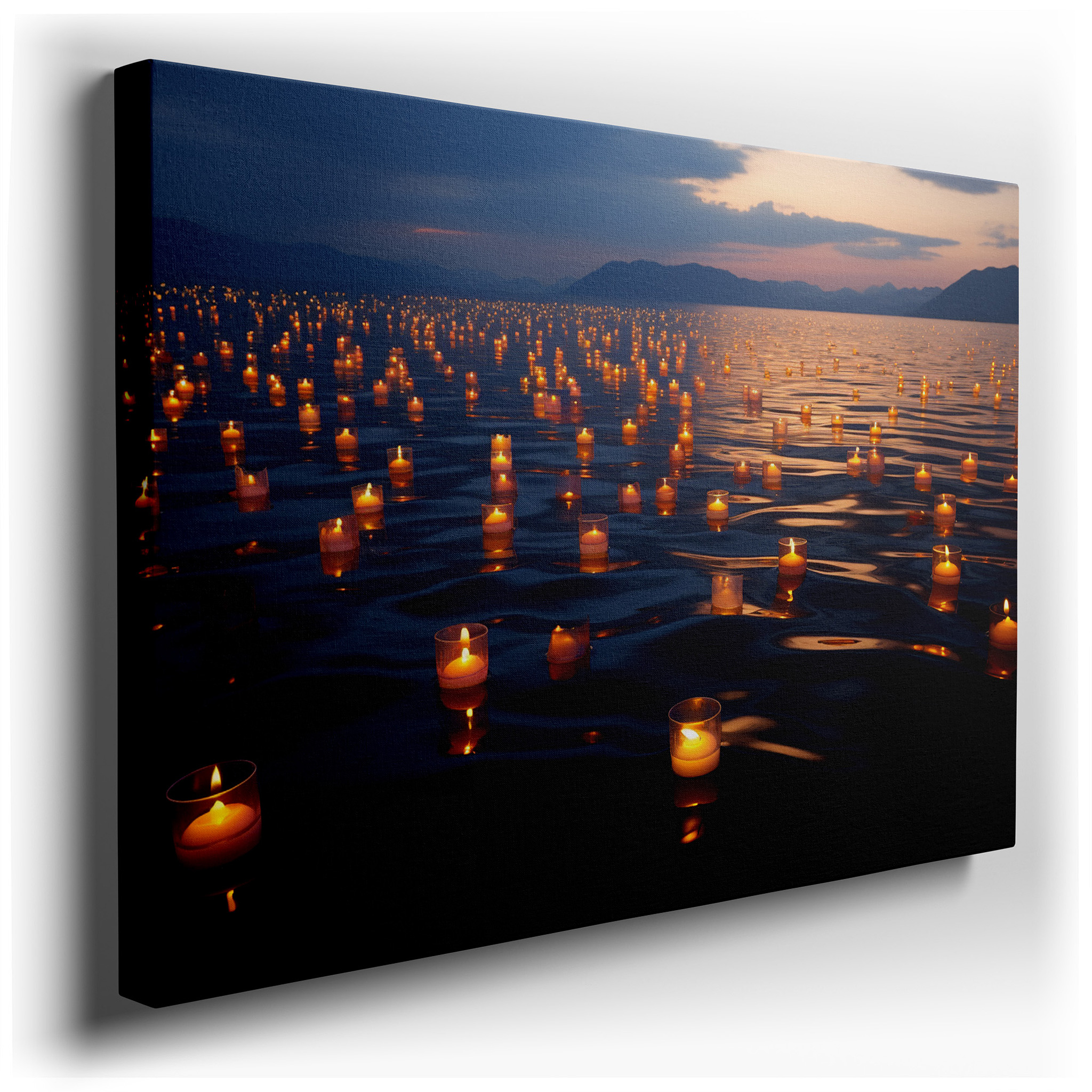 Serene Candles on a Tranquil Lake at Dusk - A Haven of Peace and Reflection Large Wall Art, Canvas Wall Art, Wall