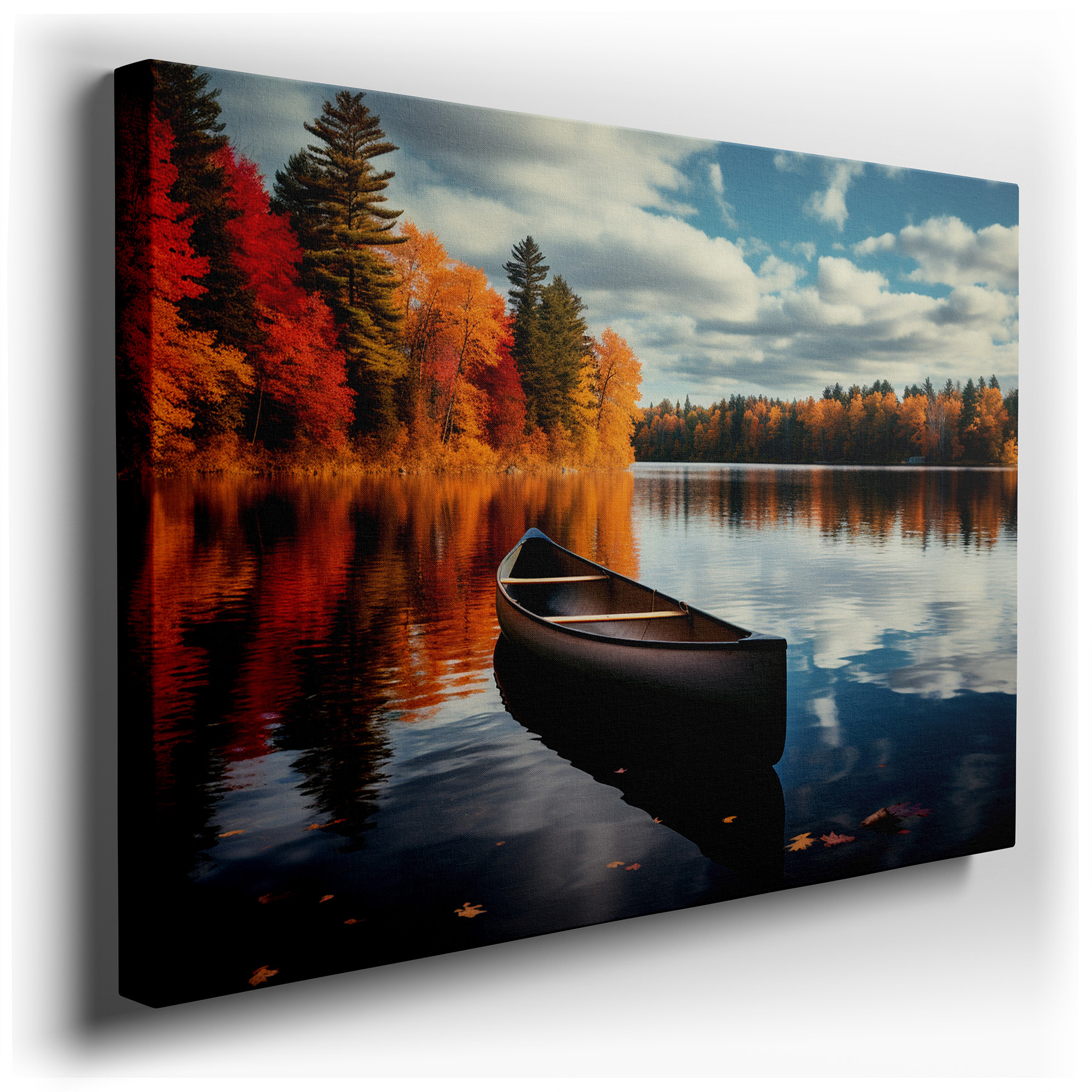 Serene Canoe Journey Wall Art: Autumn Reflections and Tranquil Nature Escape - Large Canvas for Home and Office Decor