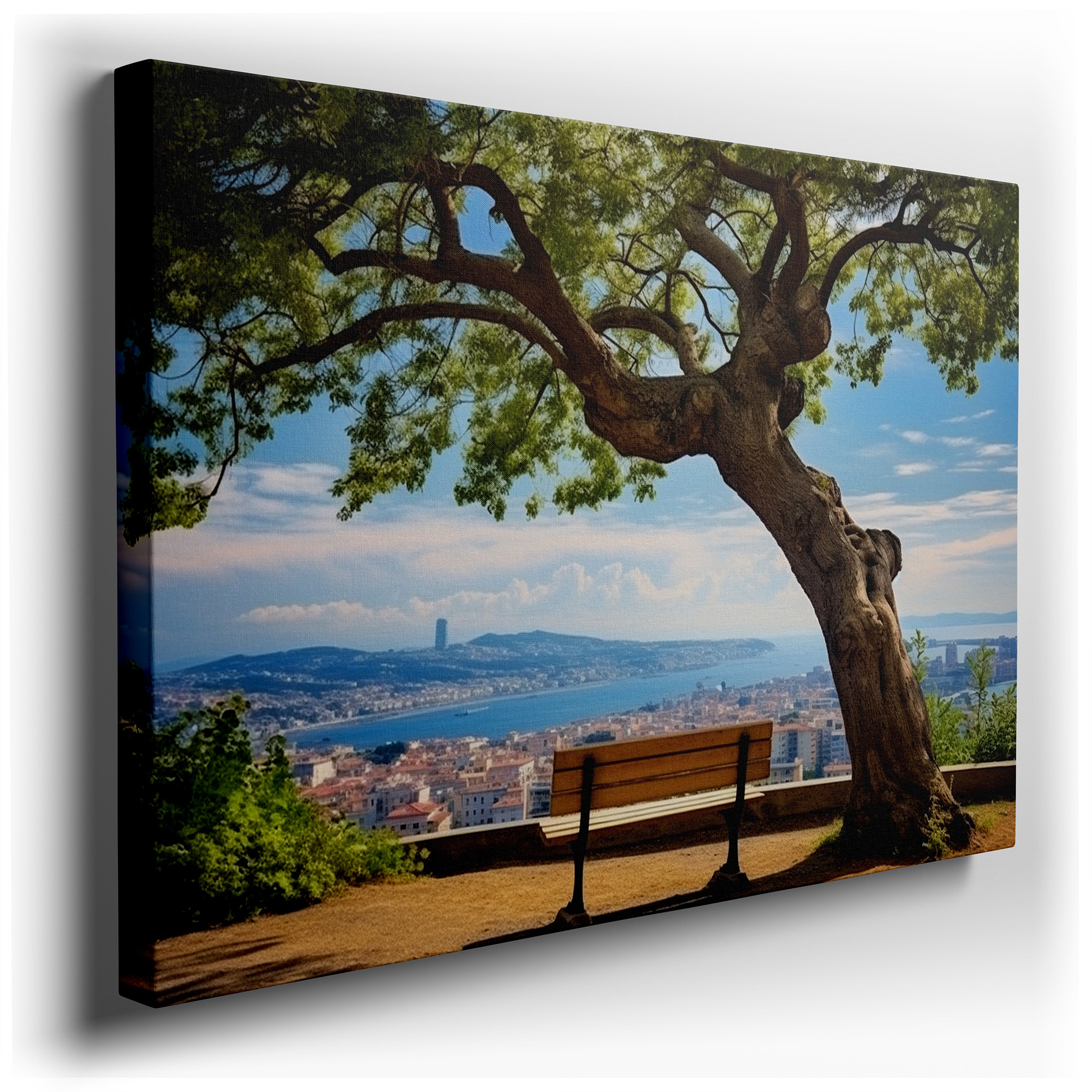 Serene Cityscape and Nature Fusion: Tranquil Bench Under a Grand Tree Large Canvas Wall Art, Perfect for Office and