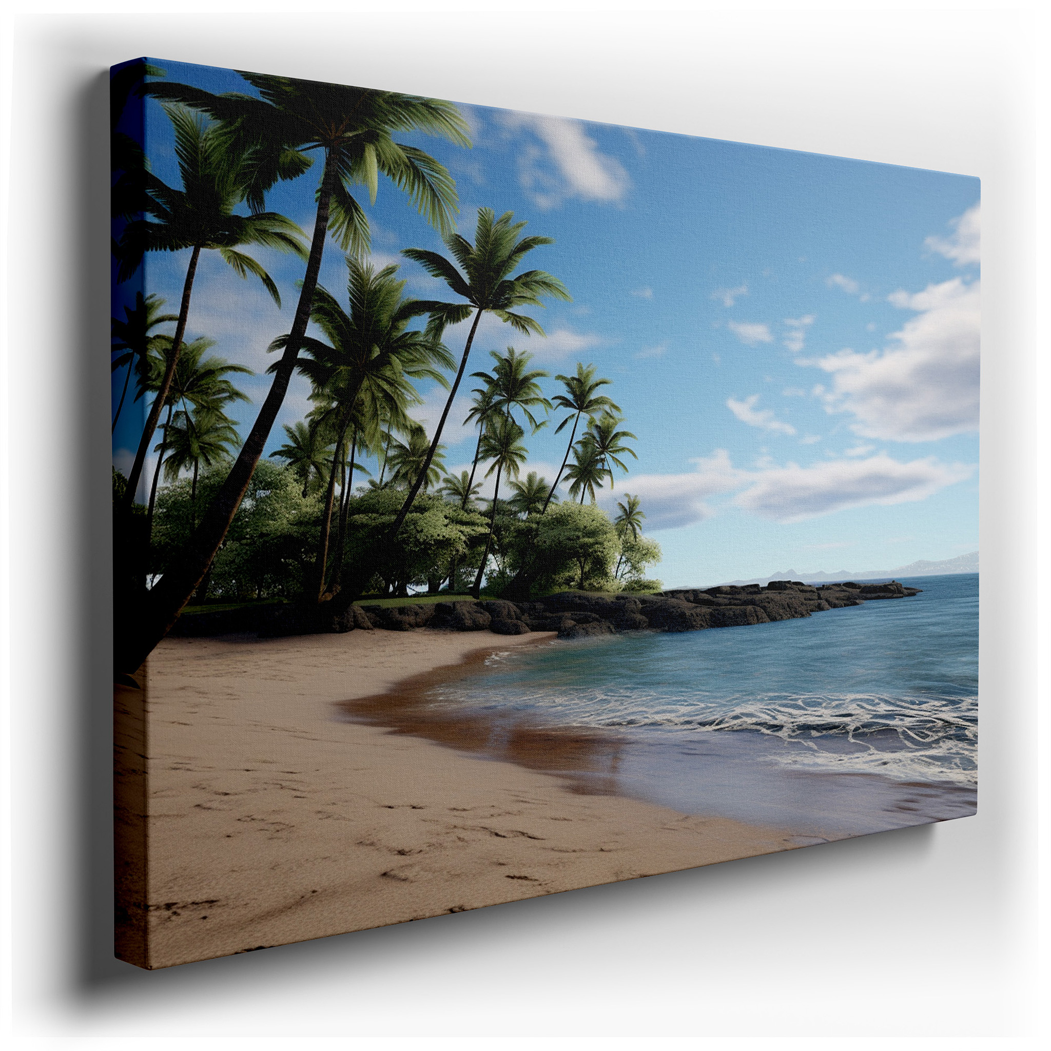 Serene Coastal Beach Scene with Palm Trees and Reflective Ocean Waters - Large Canvas Wall Art for Office and Bedroom