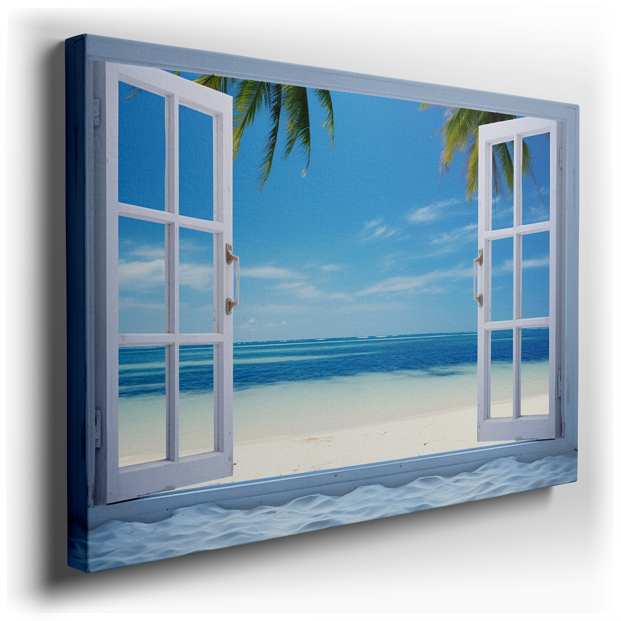 Serene Coastal Getaway via Open White Windows Large Wall Art, Canvas Wall Art, Wall Decor, Office Wall Art, Bedroom