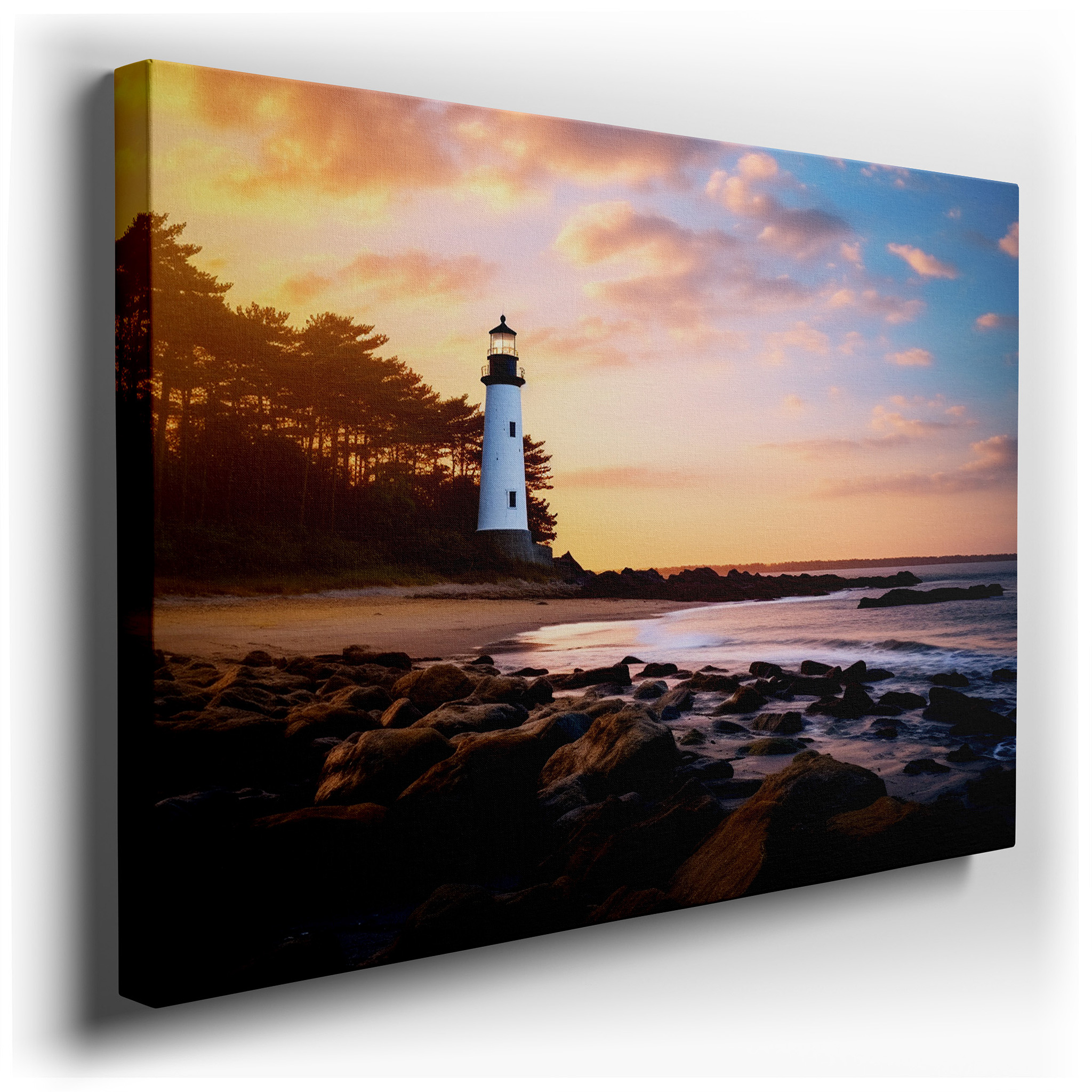 Serene Coastal Lighthouse at Sunset: Large Wall Art Featuring Fiery Skies and Gentle Waves, Ideal for Office and