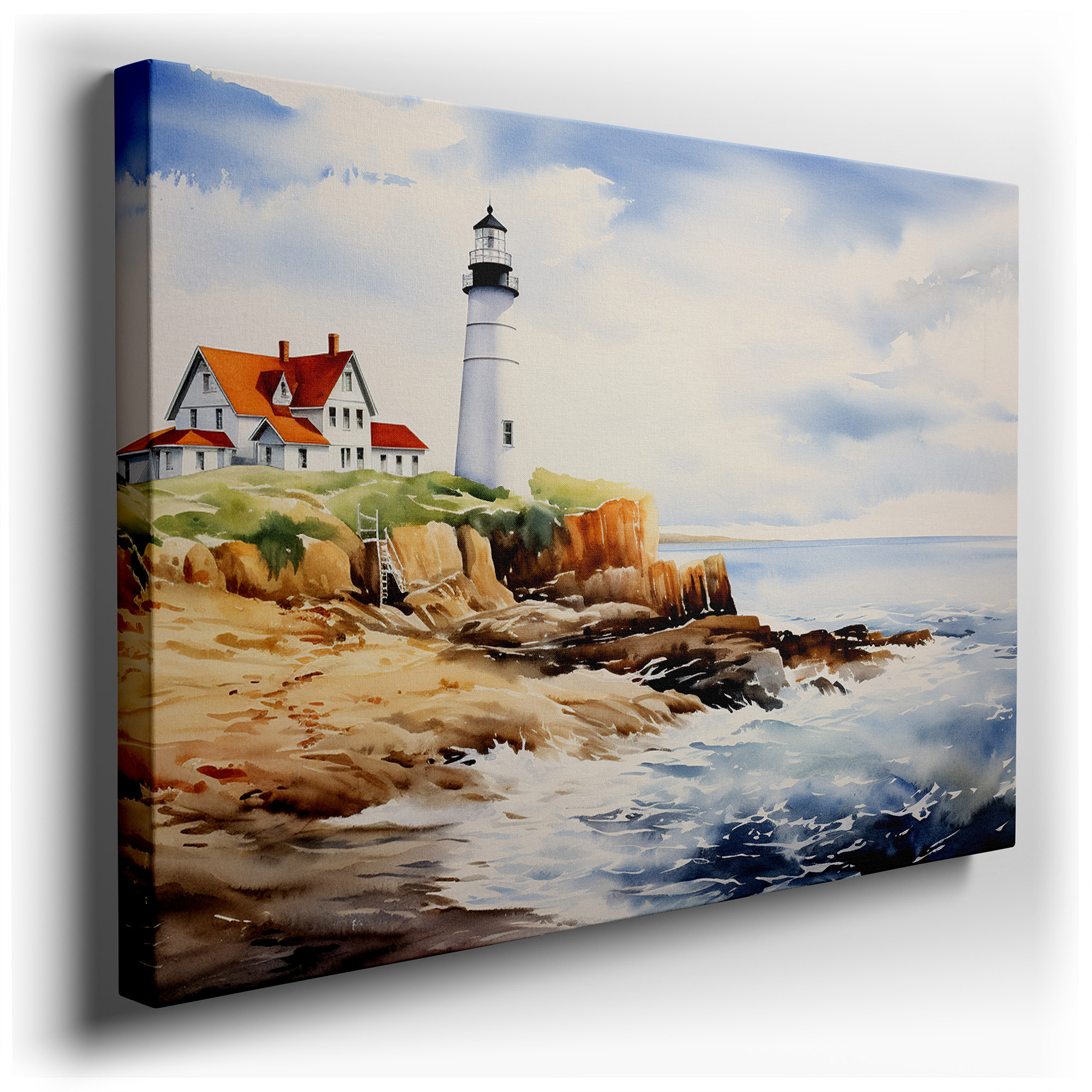 Serene Coastal Lighthouse Scene Wall Art: Large Canvas Featuring Soft Pastels and an Ethereal Sky, Perfect for Office