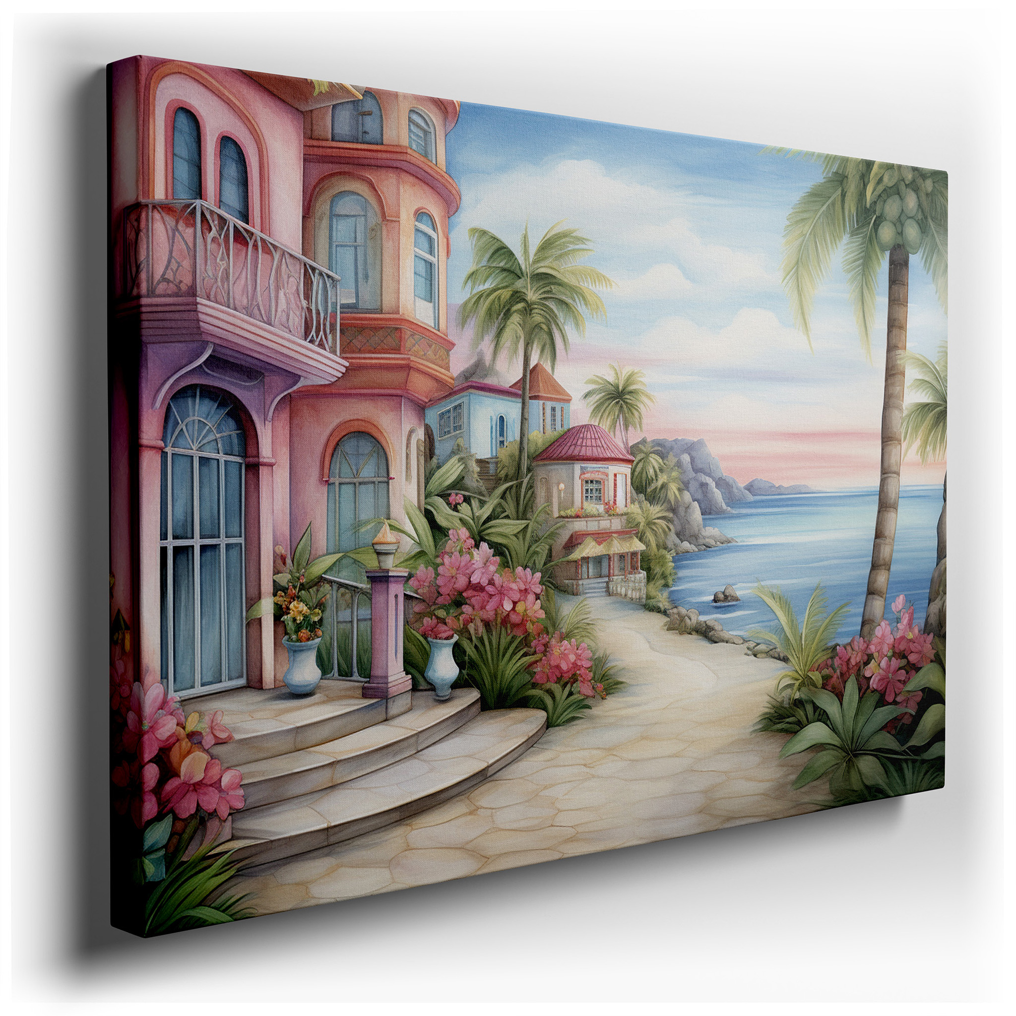 Serene Coastal Pathway Canvas Art Featuring Lush Tropical Greenery and Charming Island Homes - Perfect for Office or
