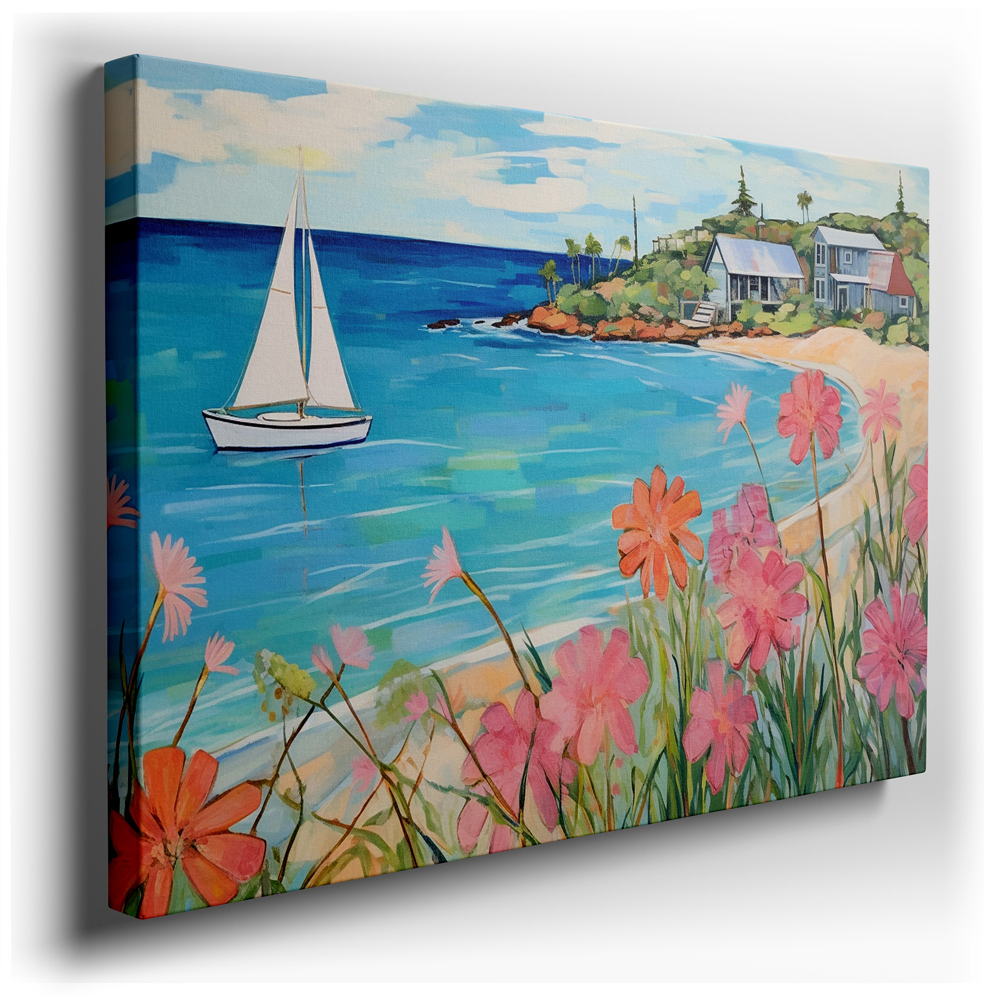 Serene Coastal Retreat Featuring Sailboat and Blossoming Shoreline - Large Canvas Wall Art for Office, Bedroom, and