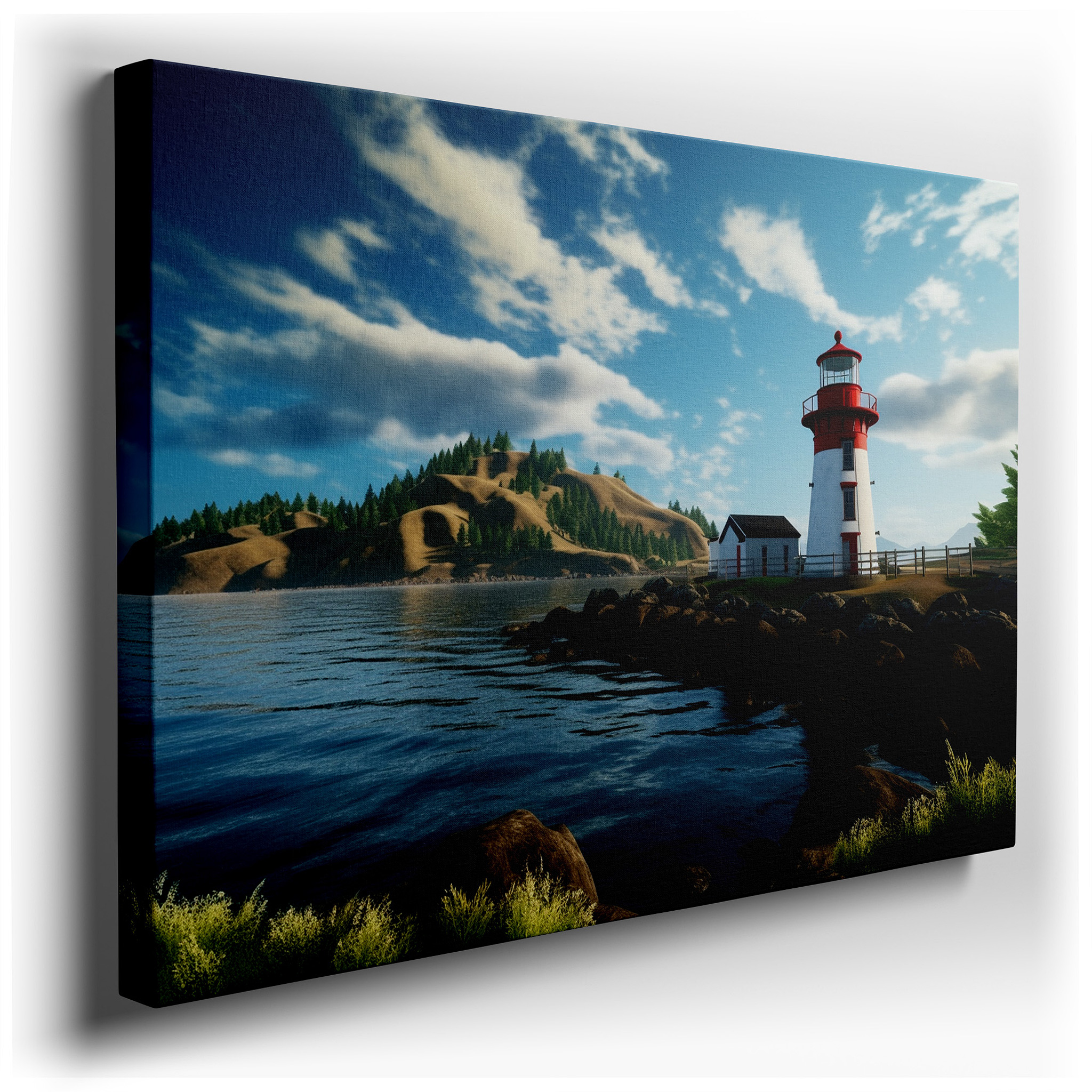 Serene Coastal Scene Featuring Prominent Lighthouse Surrounded by Verdant Greenery and Tranquil Waters - Large Canvas