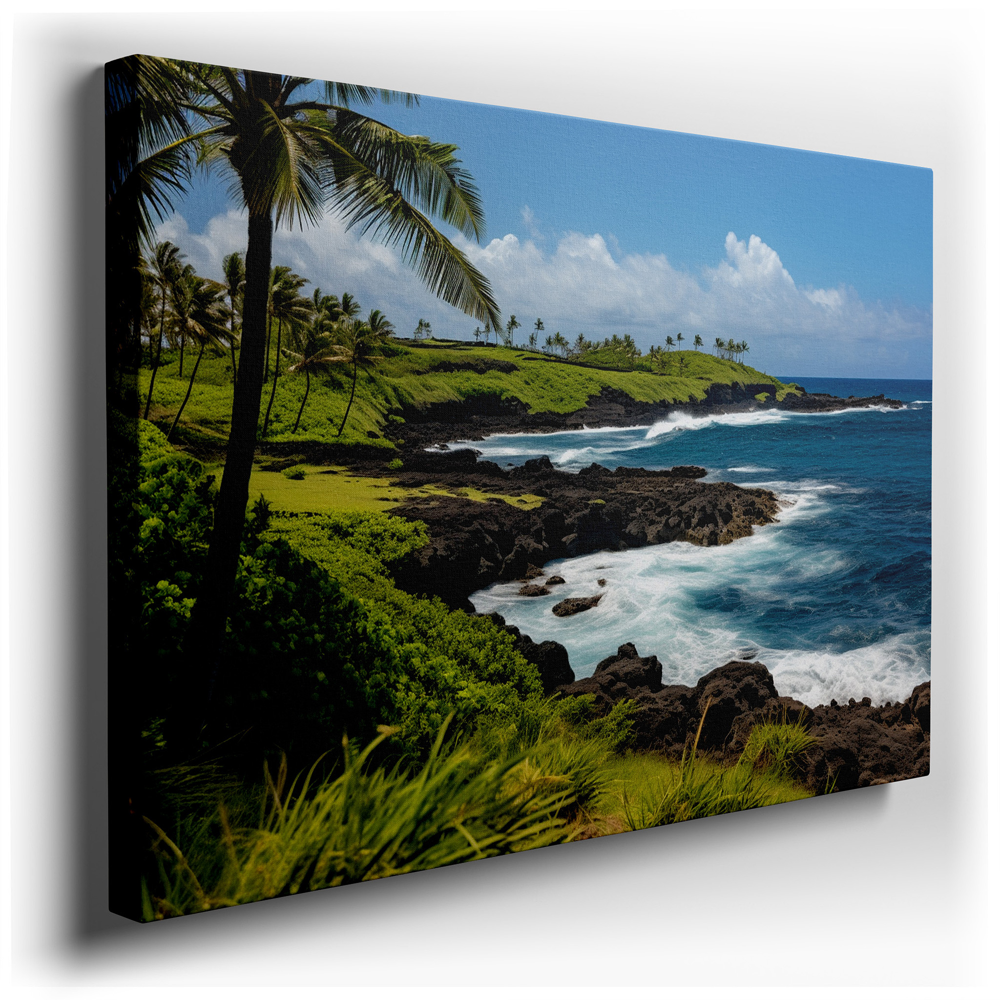 Serene Coastal Scene with Lush Green Hills and Vibrant Turquoise Ocean Waves, Large Canvas Wall Art for Home and Office