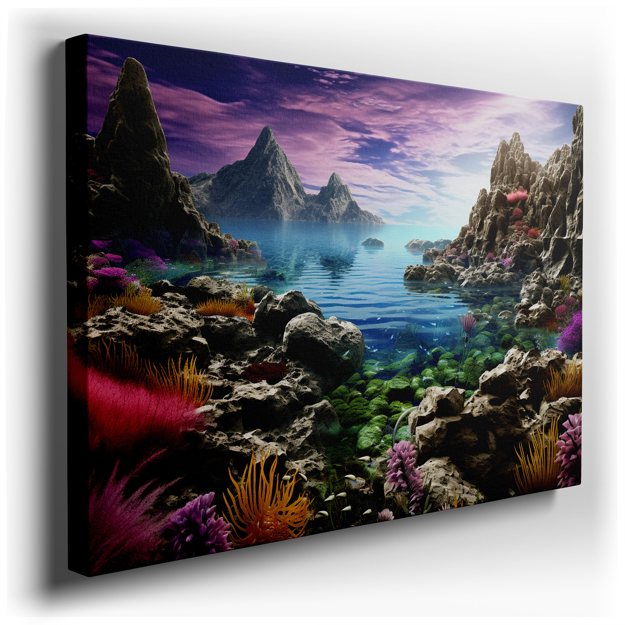 Serene Coastal Scene with Verdant Vegetation and Tranquil Waters: Large Canvas Wall Art for Office, Bedroom, and Living
