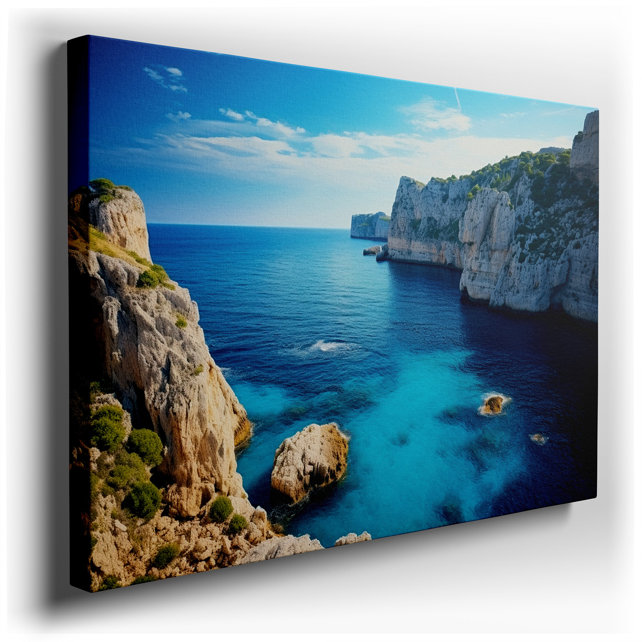Serene Coastal Scene with Vibrant Blue Sky and Turquoise Waters Against Rugged Cliffs, Large Canvas Wall Art for Home
