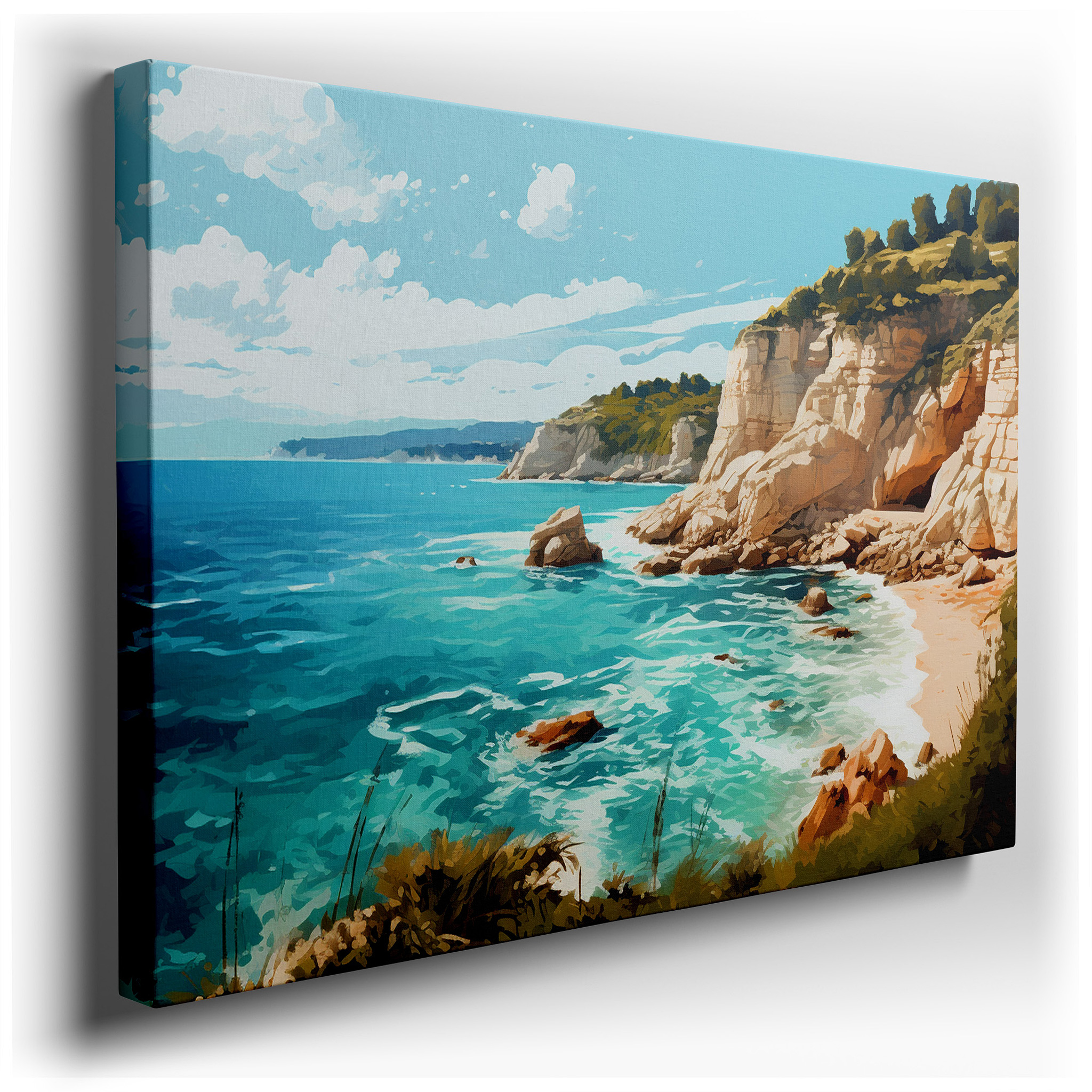 Serene Coastal Scenery with Blue Waters and Verdant Foliage, Oversized Wall Art, Canvas Print, Home and Office Decor,