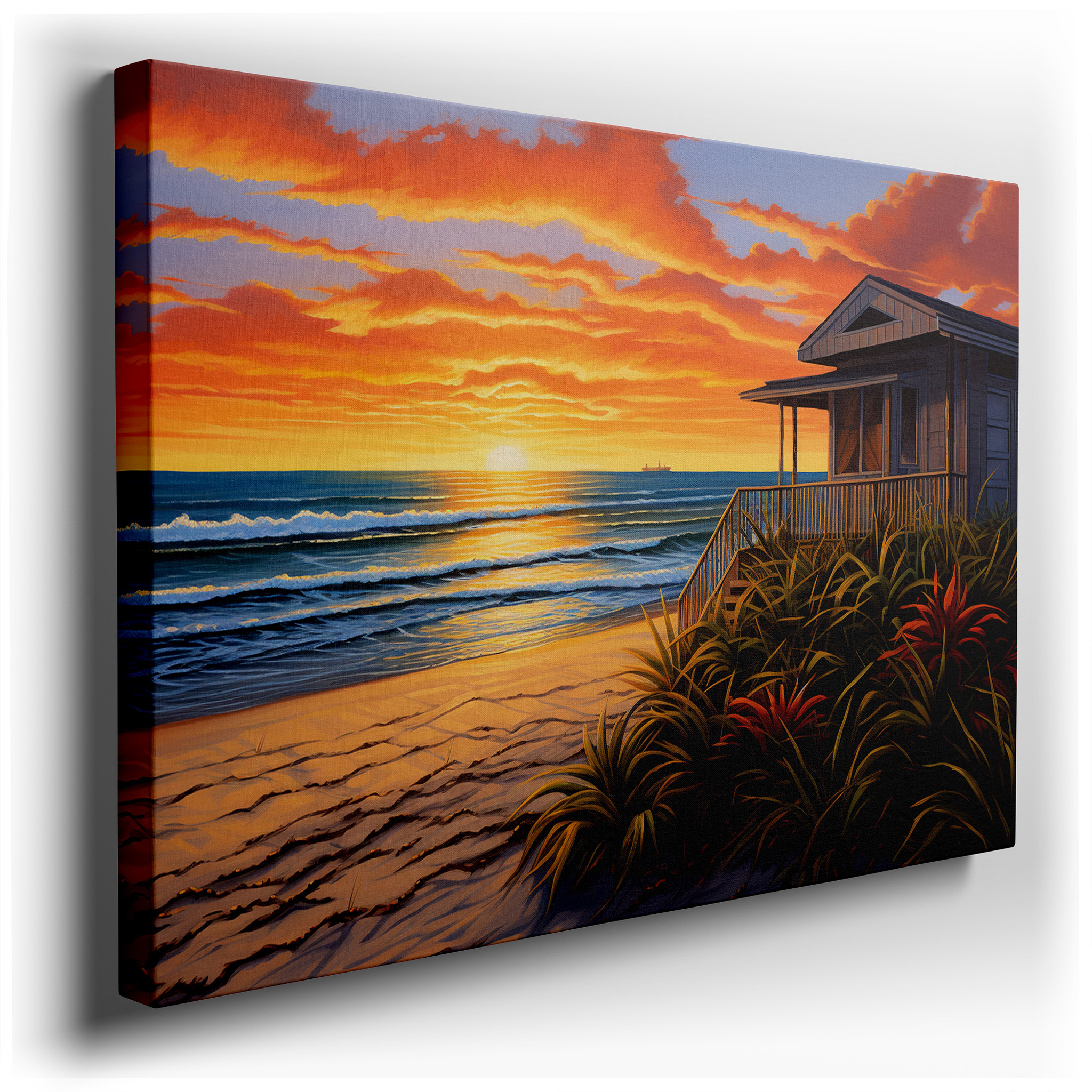 Serene Coastal Sunset and Weathered Beach House Large Canvas Wall Art for Office, Bedroom, and Living Room Decor