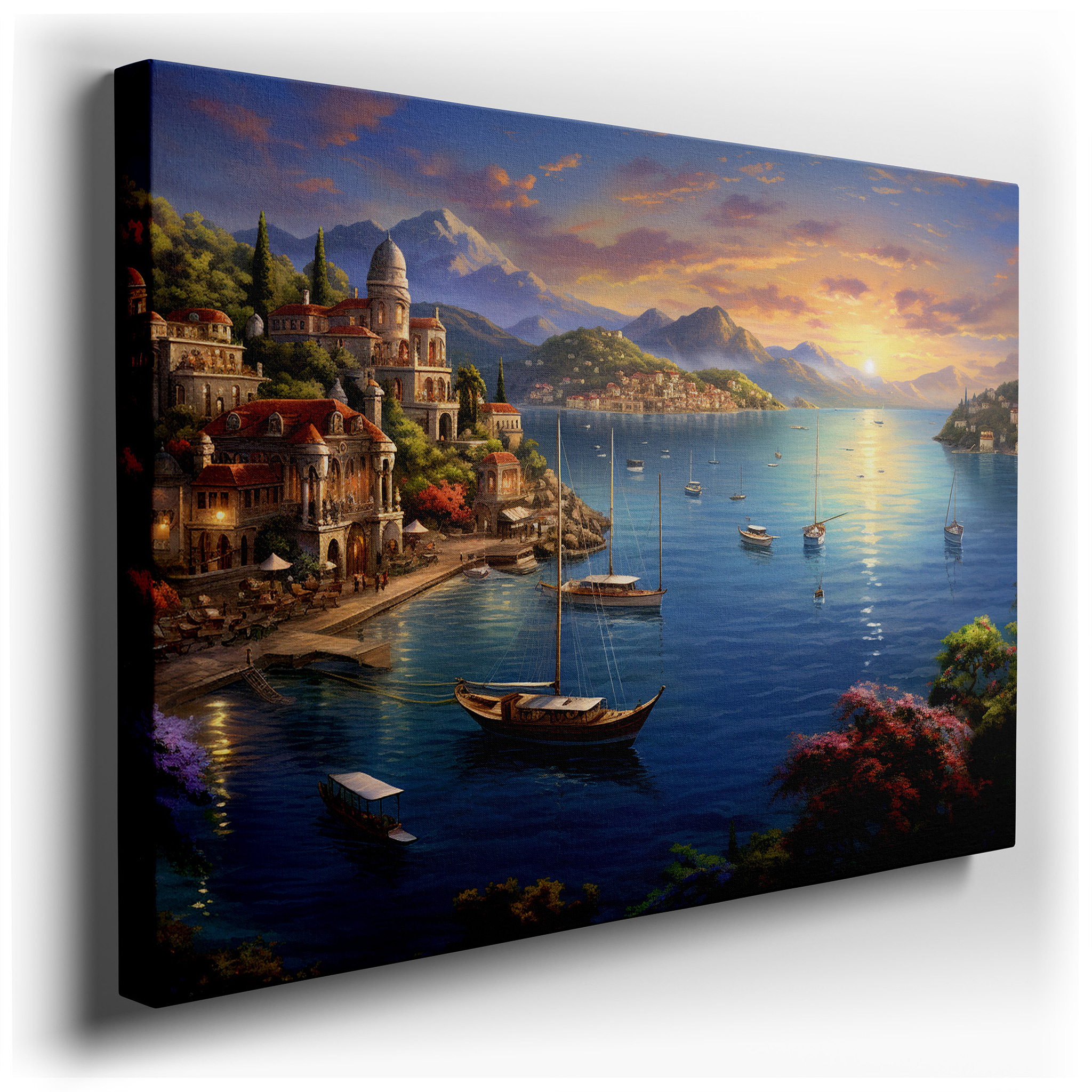Serene Coastal Village at Sunset: Quaint Buildings Bathed in Golden Glow - Large Wall Art, Canvas Wall Art, Wall Decor