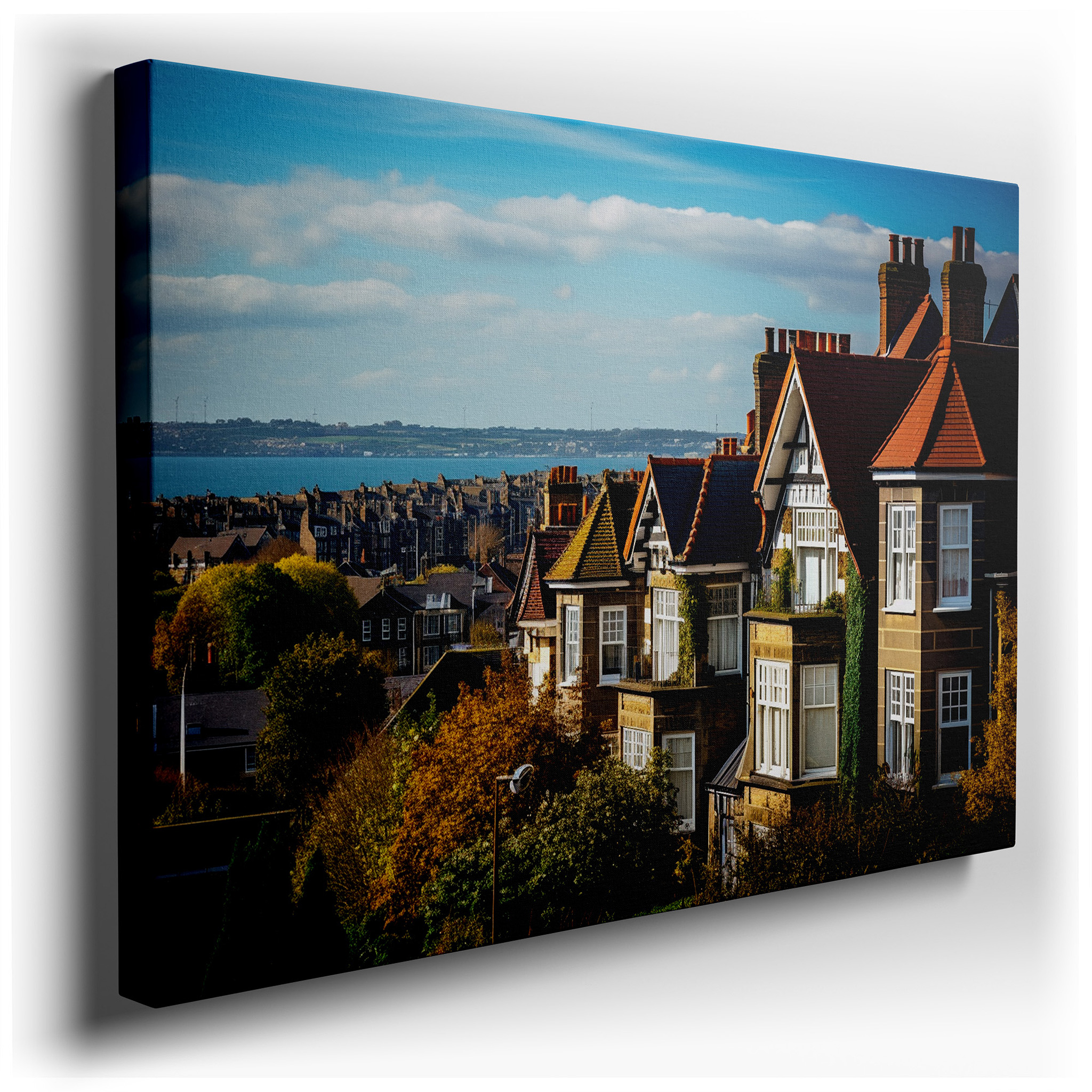Serene Coastal Village Canvas with Sunlit Homes and Blue Sea - Large Wall Art for Office, Bedroom, and Living Room