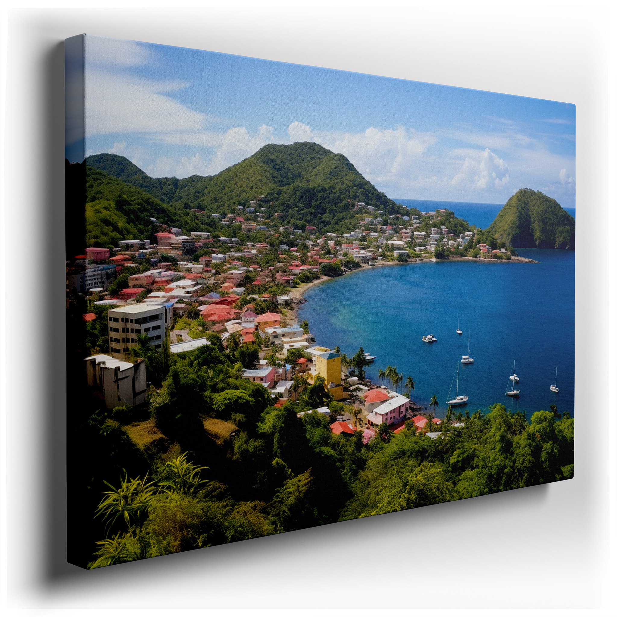 Serene Coastal Village with Lush Green Hills and Shimmering Blue Bay Large Wall Art, Canvas Wall Art, Wall Decor for