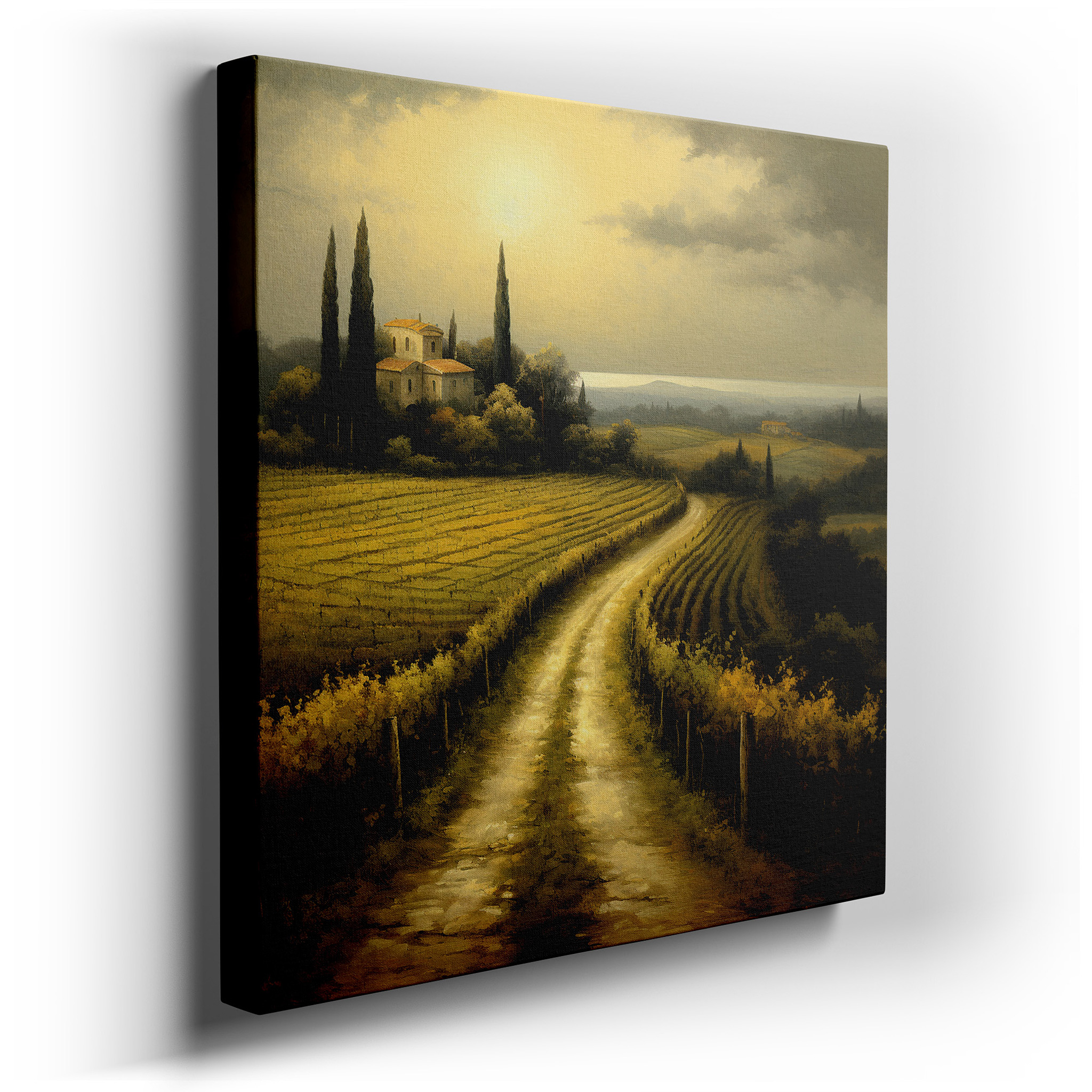Serene Country Road Canvas Wall Art: Vibrant Vineyards Under Golden Sunlight - Ideal for Office, Bedroom, and Home