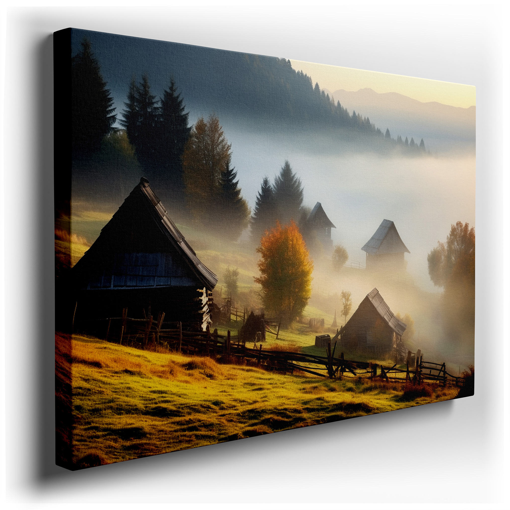 Serene Countryside Scene with Foggy Autumn Village Large Wall Art, Canvas Wall Art, Wall Decor for Office, Bedroom, and