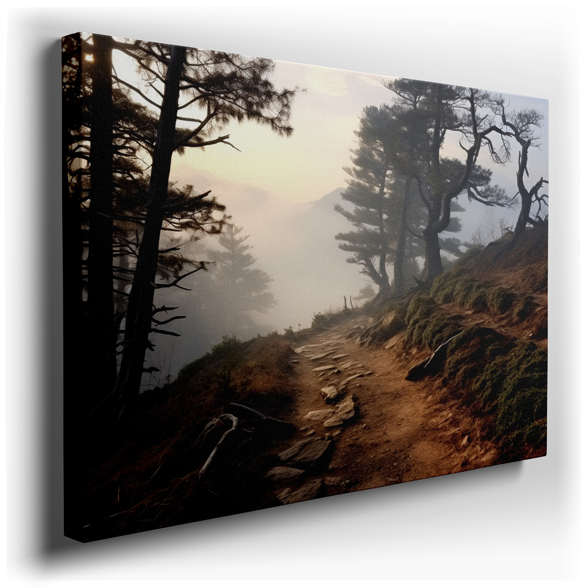 Serene Dawn Forest Path: A Tranquil Journey Through Mist - Shrouded Trees - Large Canvas Wall Art for Office Decor