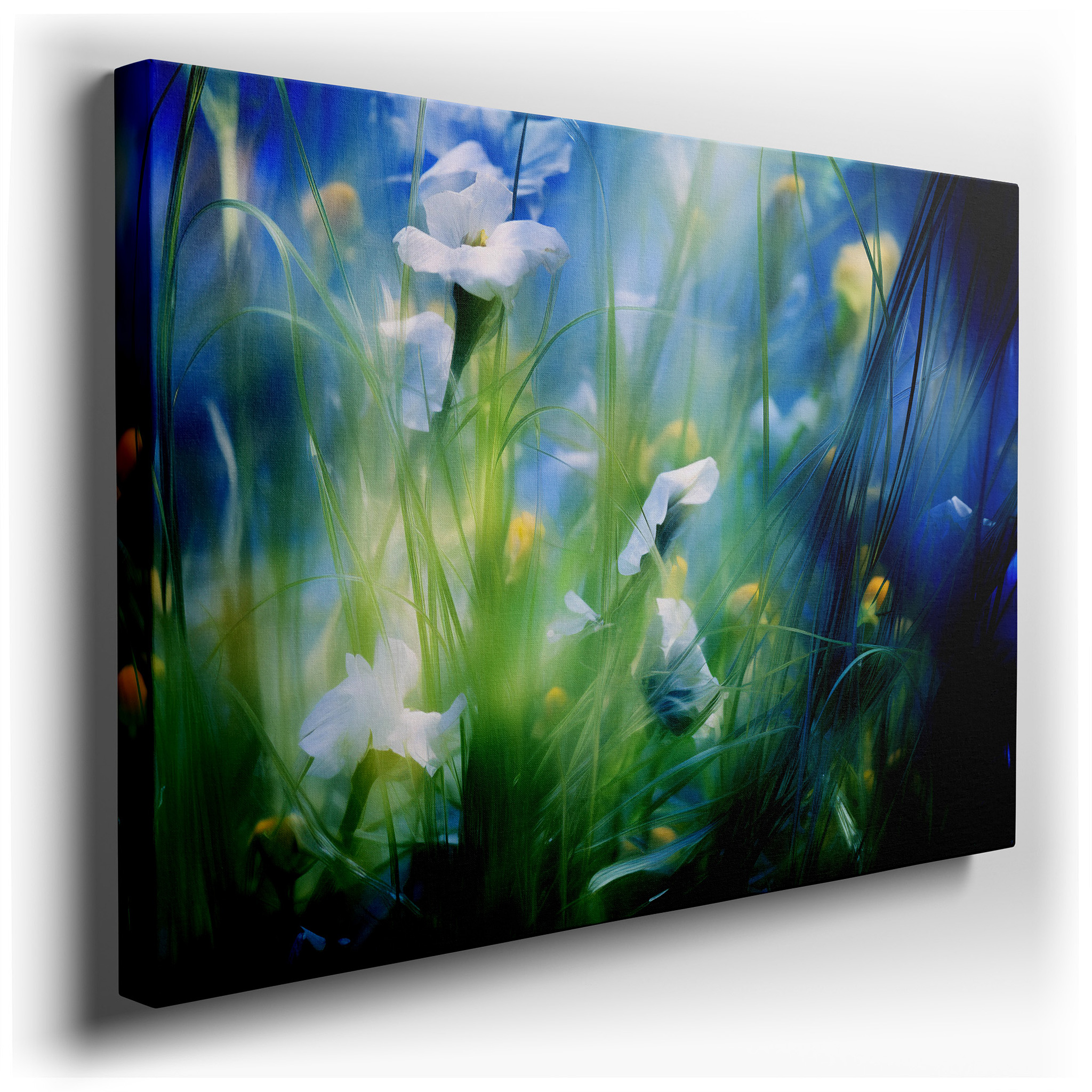 Serene Dawn in a Peaceful Garden: Ethereal White Flowers Amidst Gentle Greens and Blues, Large Canvas Wall Art for Home