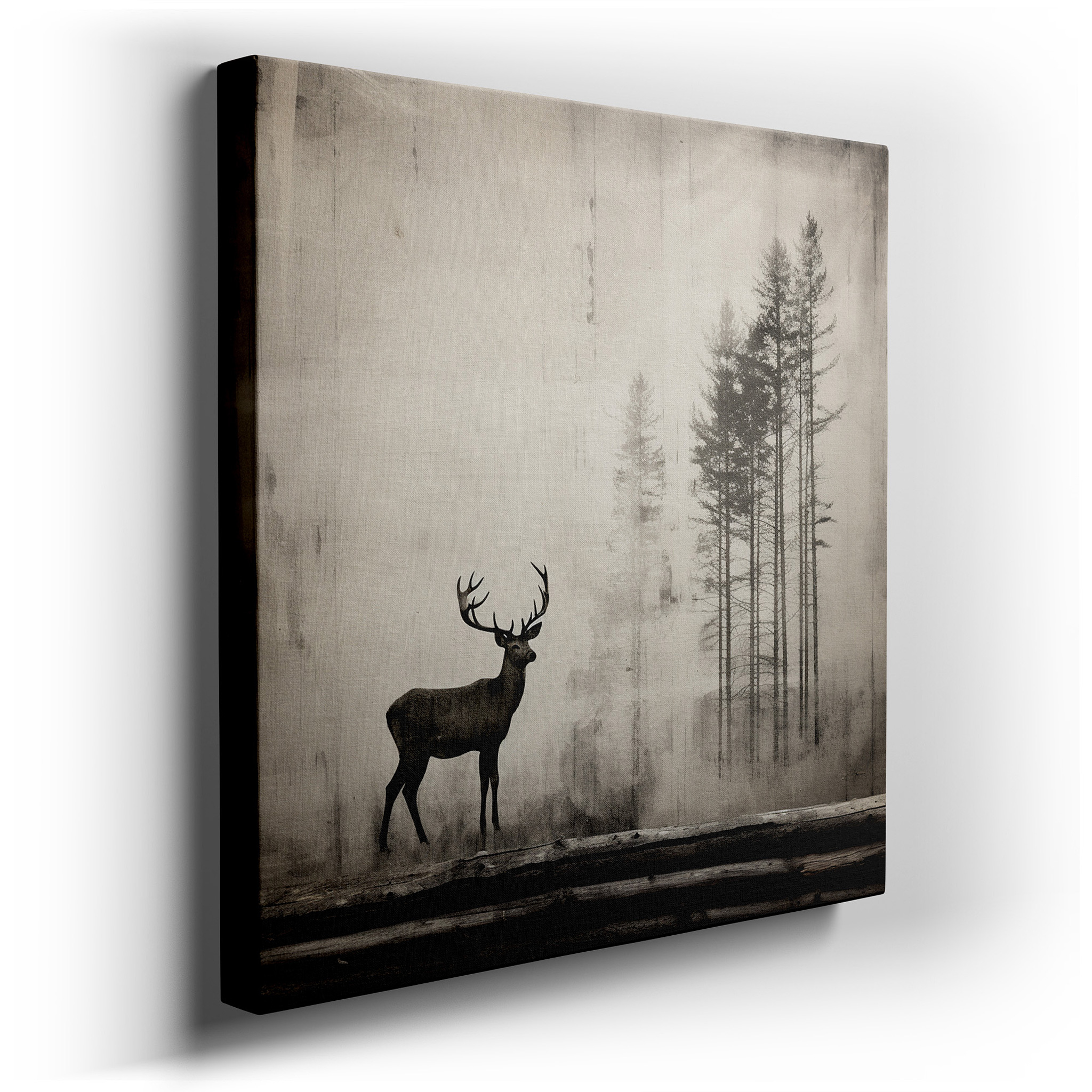 Serene Deer Silhouette in a Misty Forest: Large Canvas Wall Art for a Calming Ambiance in Bedrooms and Offices wrapped