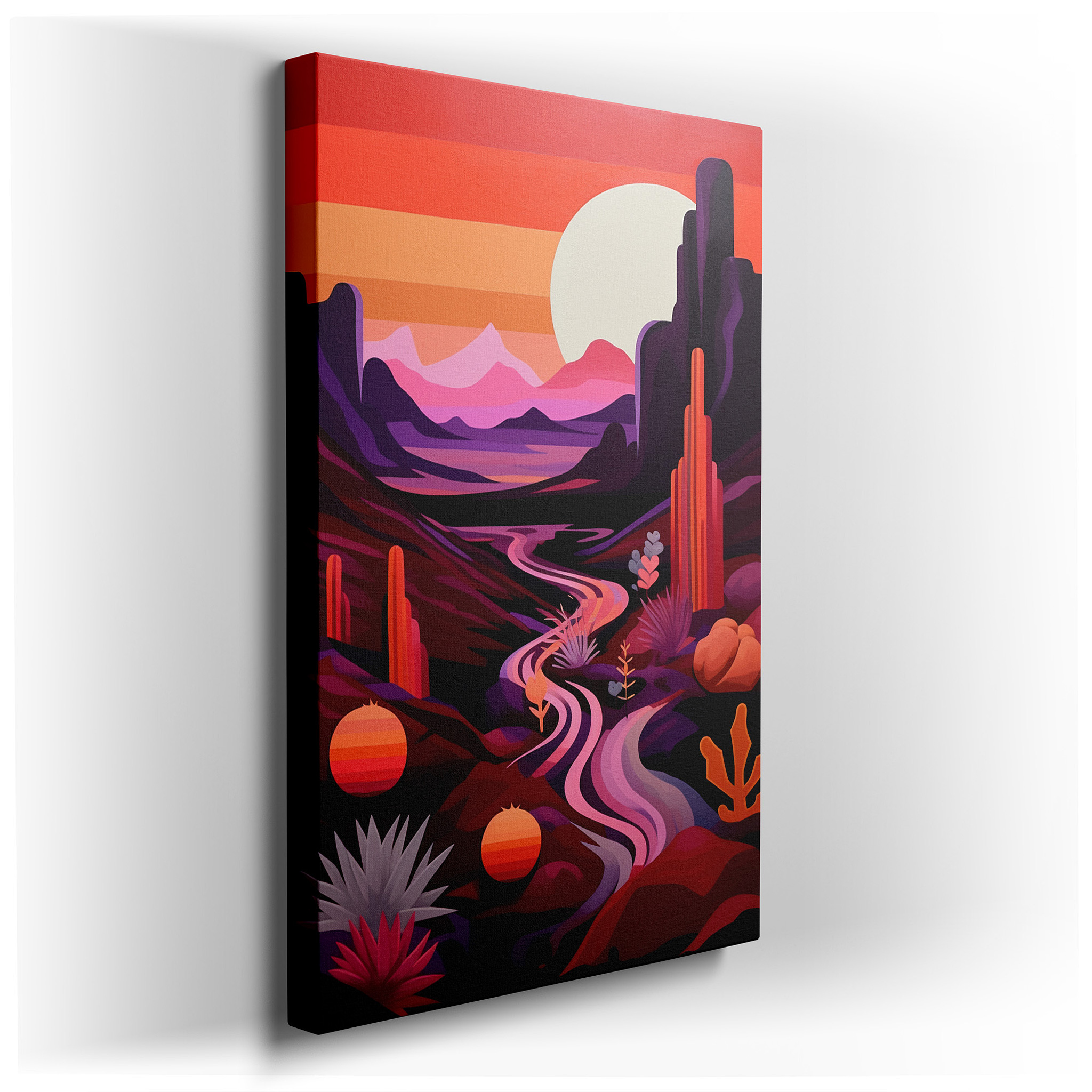 Serene Desert Oasis Canvas Wall Art Featuring a Winding River and Majestic Mountains, Perfect for Office or Bedroom
