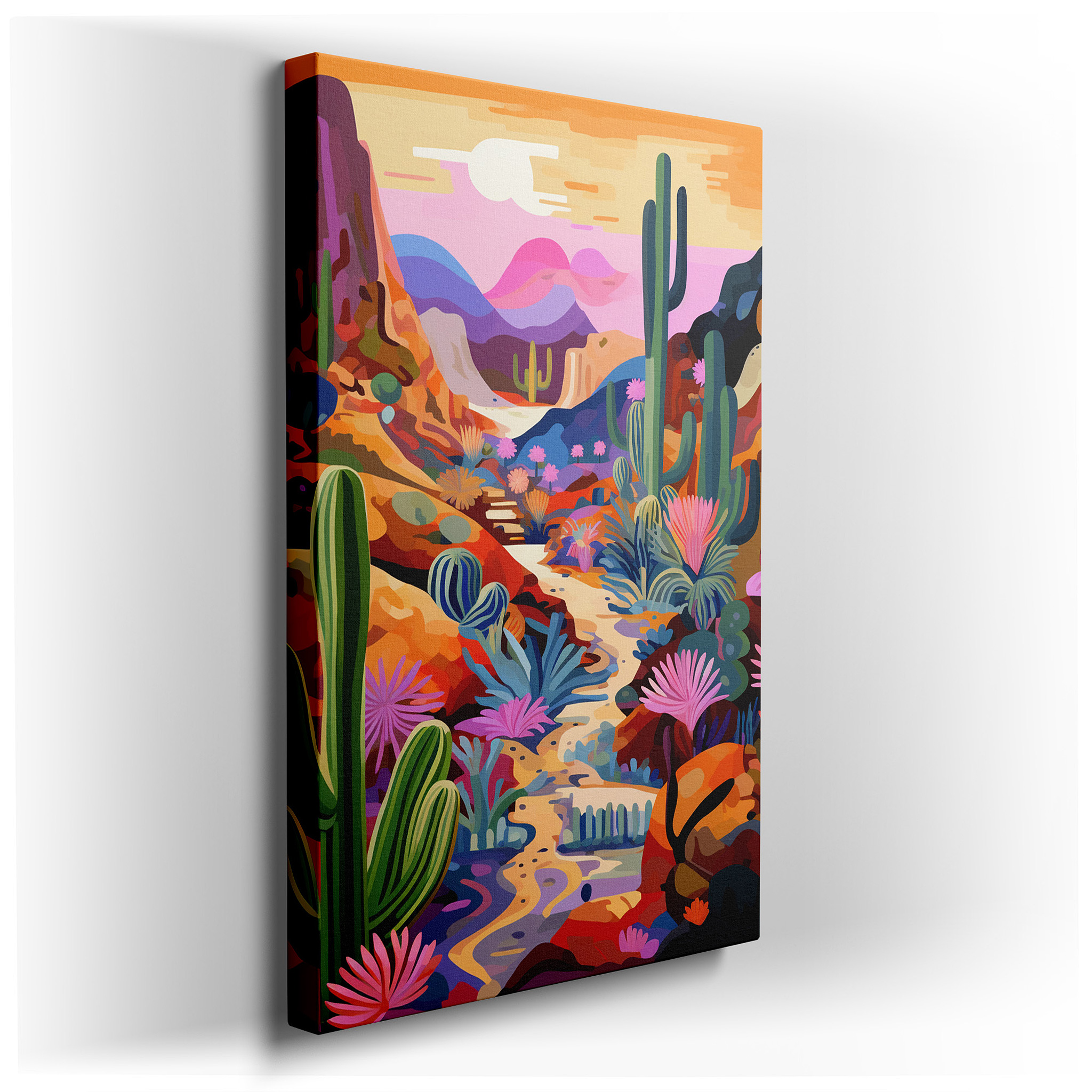 Serene Desert Sunset Featuring Majestic Cacti and Vibrant Flora - Large Canvas Wall Art for Office, Bedroom, and Living
