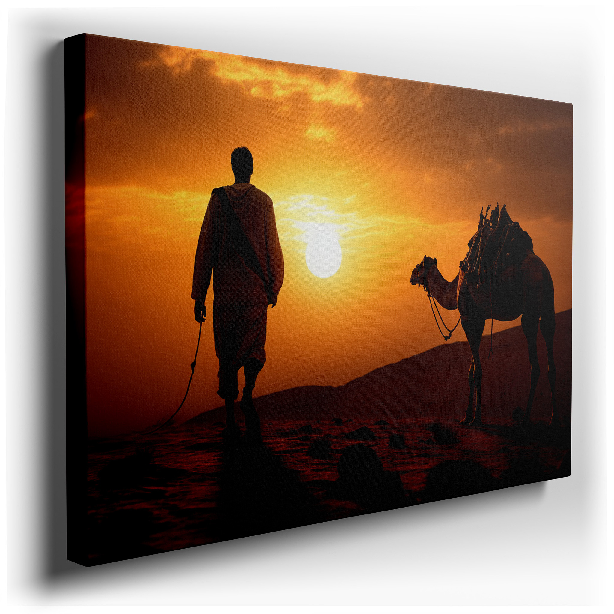 Serene Desert Voyage Featuring a Man and Camel at Sunset - Oversized Canvas Wall Art for Office, Bedroom, and Living
