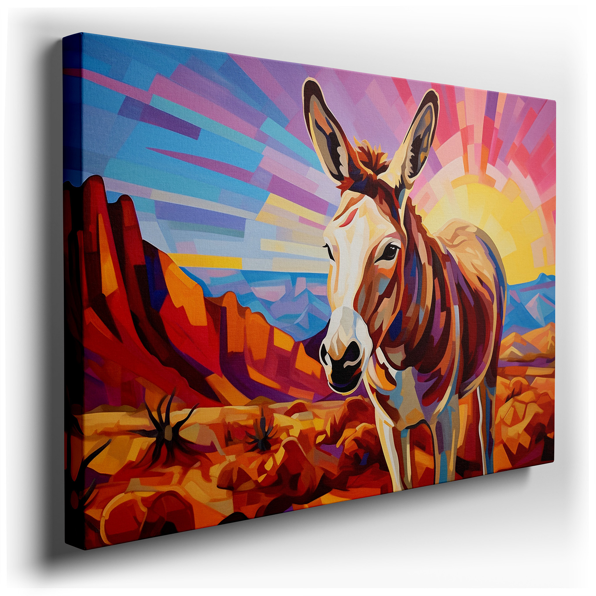 Serene Donkey at Desert Sunrise: A Tranquil Blend of Nature's Palette - Large Canvas Wall Art for Office and Bedroom