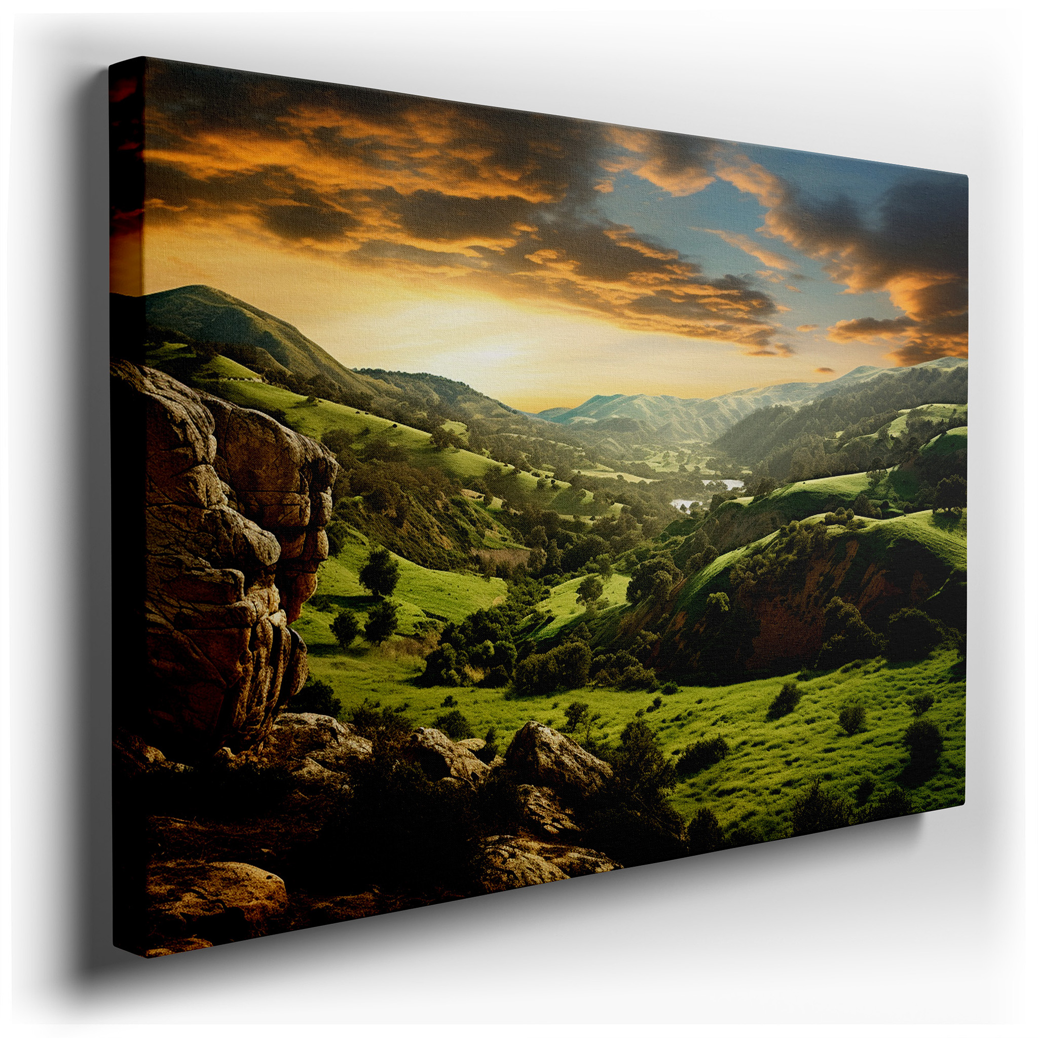 Serene Dusk Landscape with Sun Setting Behind Rolling Hills - Large Canvas Wall Art for Office, Bedroom, and Living