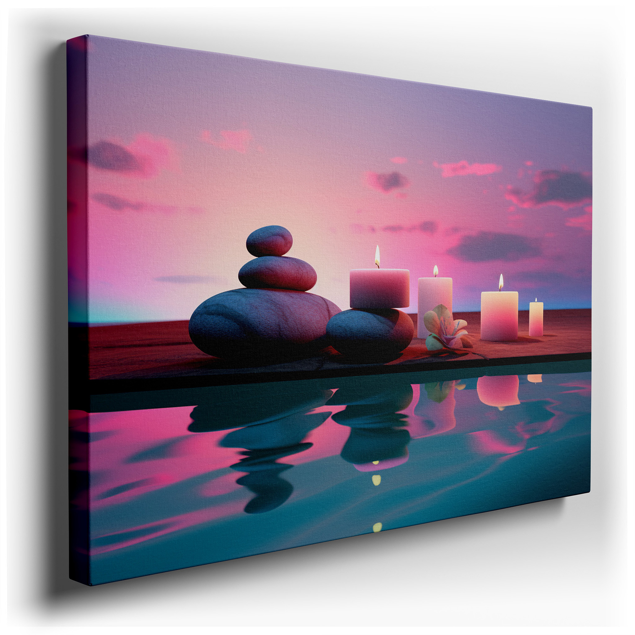 Serene Dusk Wall Art: Smooth Stones and Flickering Candles Under a Vibrant Sunset Sky - Large Canvas Wall Art for