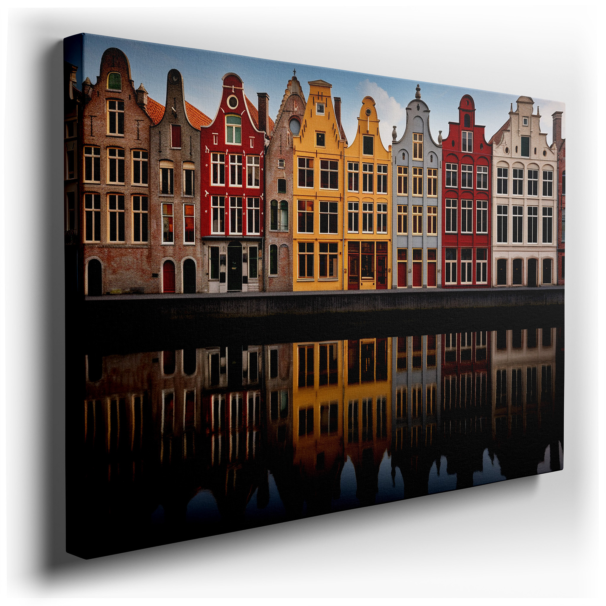 Serene Dutch Townscape with Vibrant Gabled Buildings Reflected in Tranquil Waters - Large Canvas Wall Art for Office