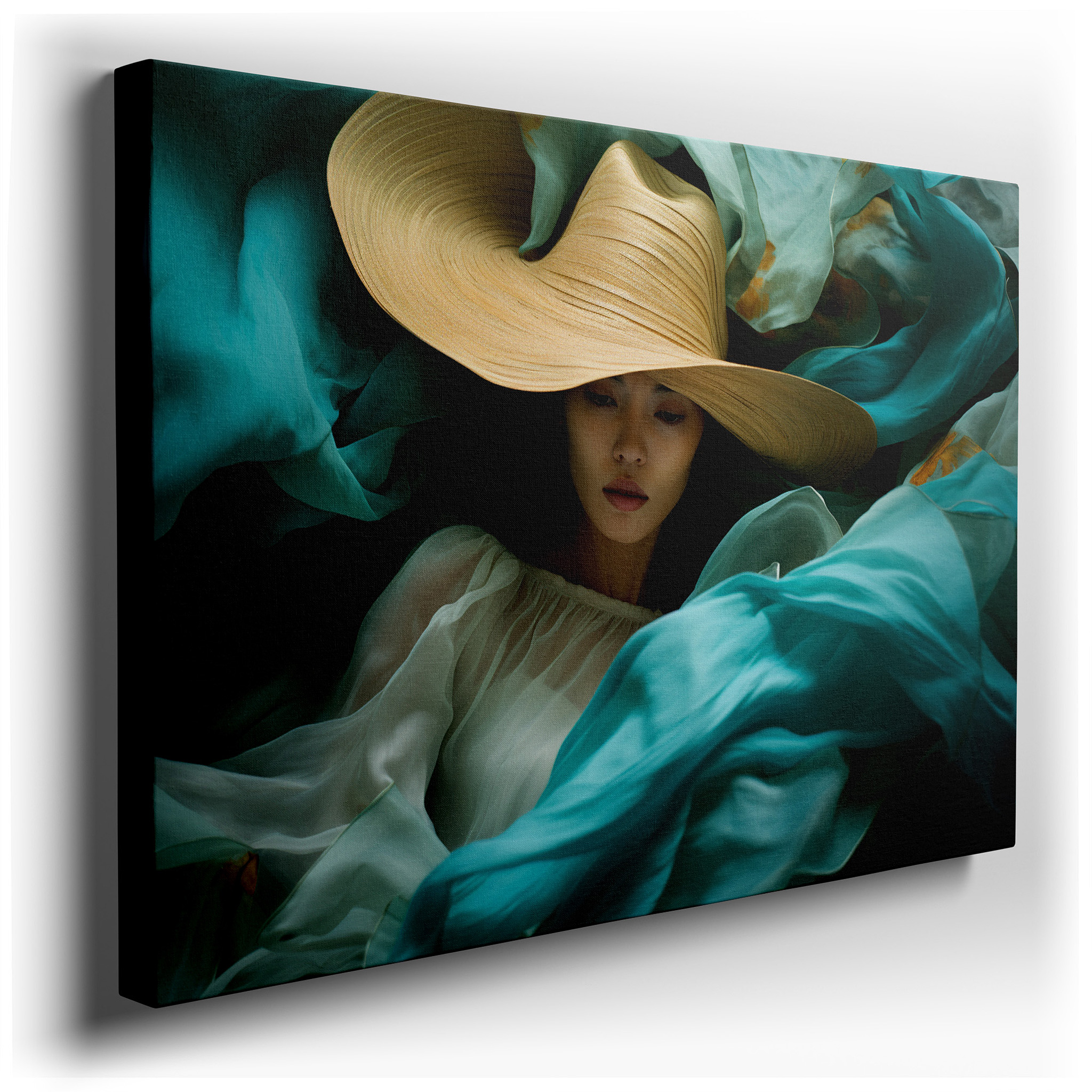 Serene Elegance in Green: Tranquil Woman and Nature Embrace - Large Canvas Wall Art for Office, Bedroom, and Living
