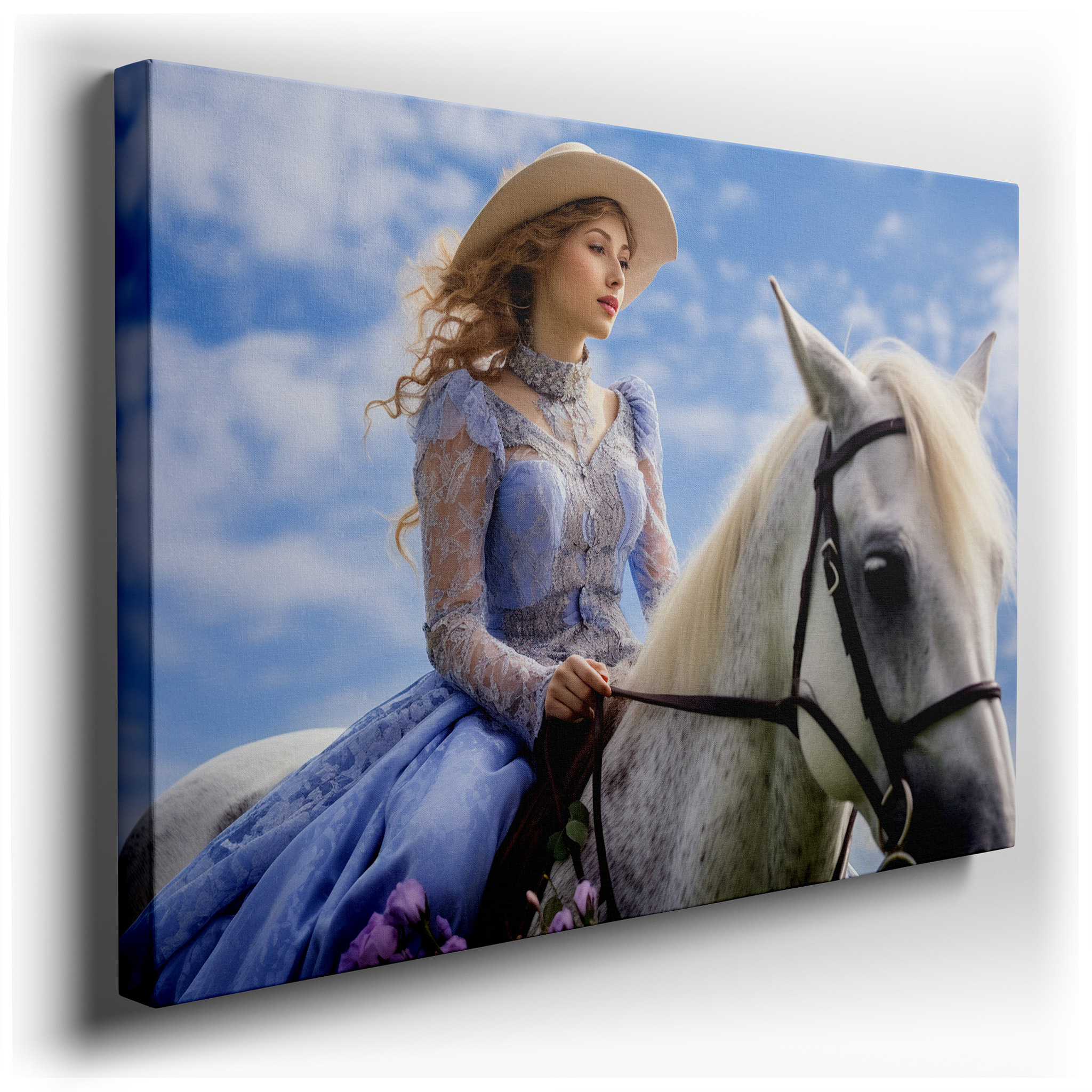 Serene Elegance of a Young Woman in Blue on a Majestic White Horse: Large Canvas Wall Art for Office and Bedroom Decor