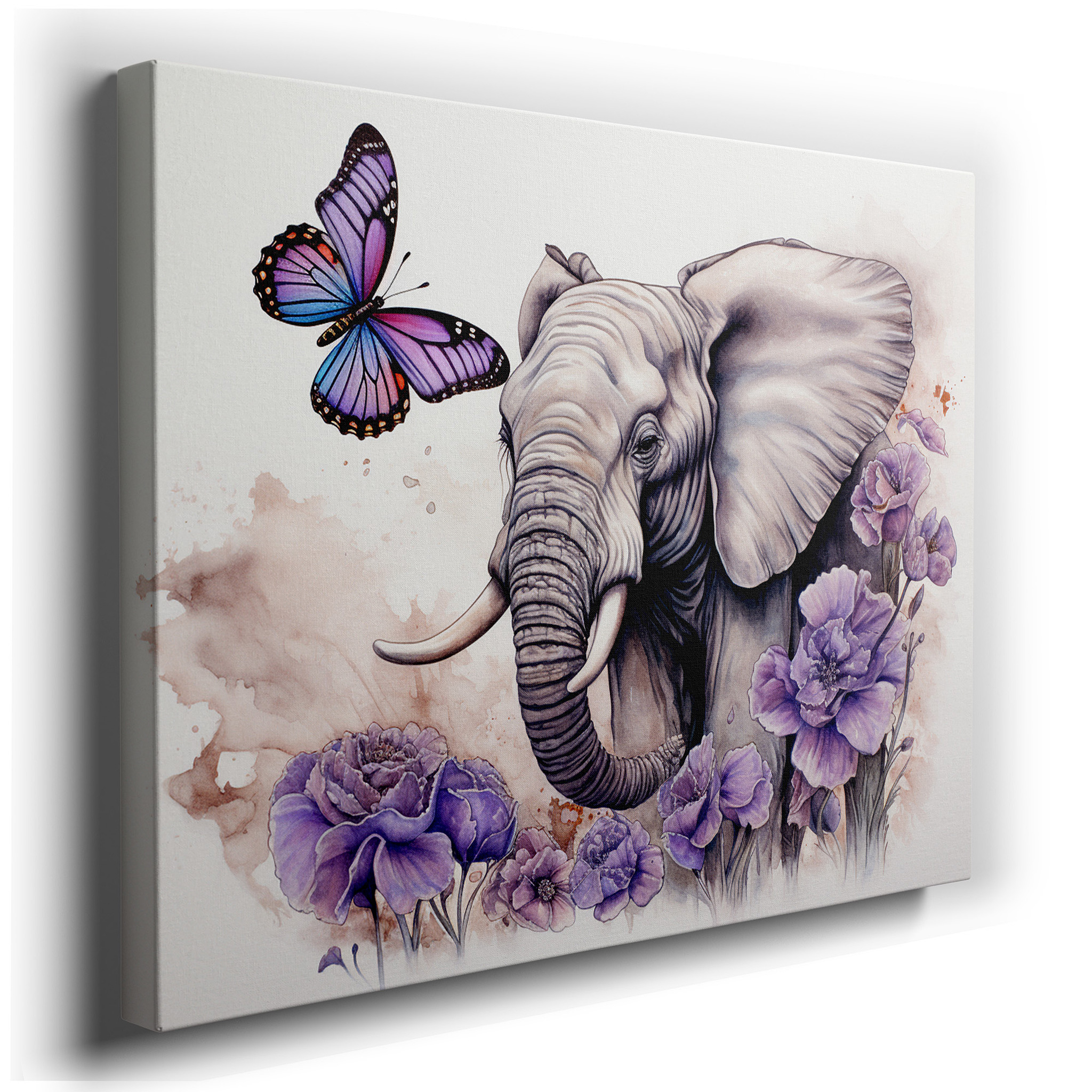 Serene Elephant and Vibrant Butterflies Amidst Lush Florals, Large Canvas Wall Art Decor wrapped canvas - main product