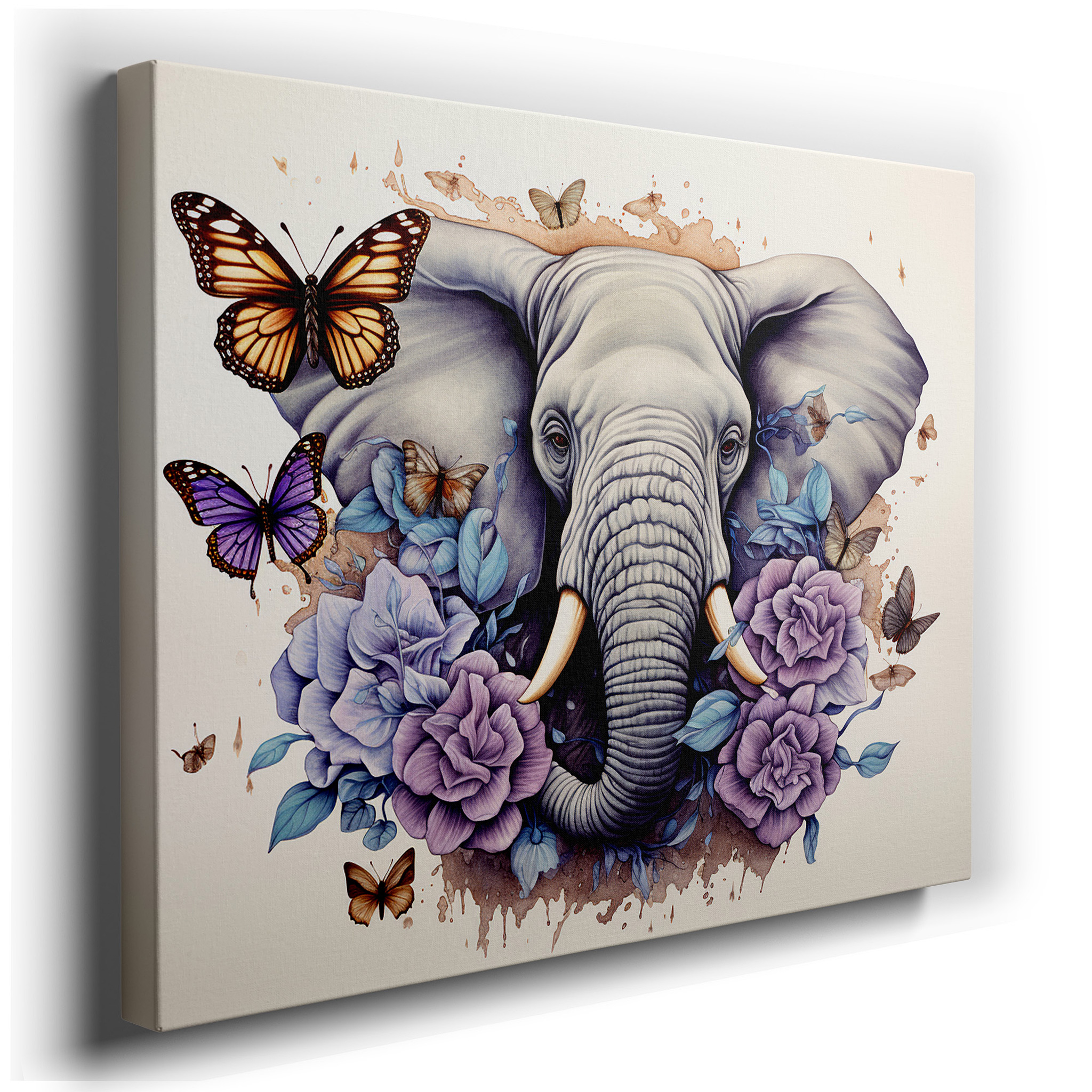 Serene Elephant Surrounded by Lively Butterflies and Blooms, Representing Strength and Wisdom, Large Canvas Wall Art