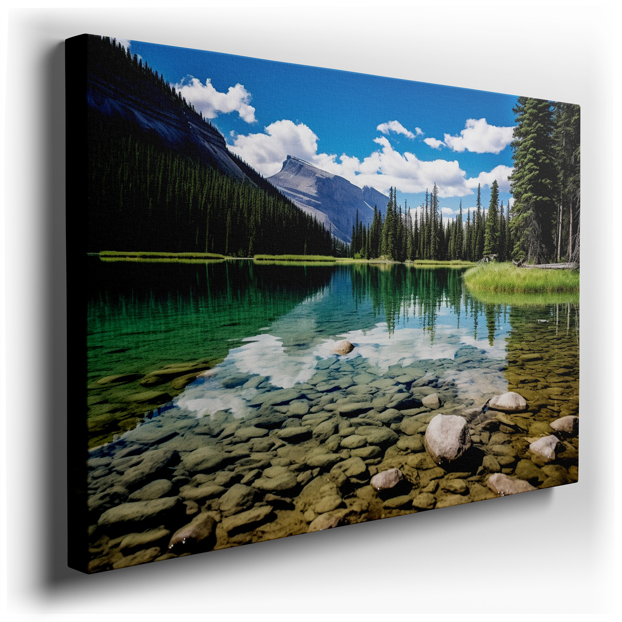 Serene Escape: Crystal - Clear Lake with Lush Forests and Rocky Shores - Large Wall Art, Canvas Wall Art, Wall Decor