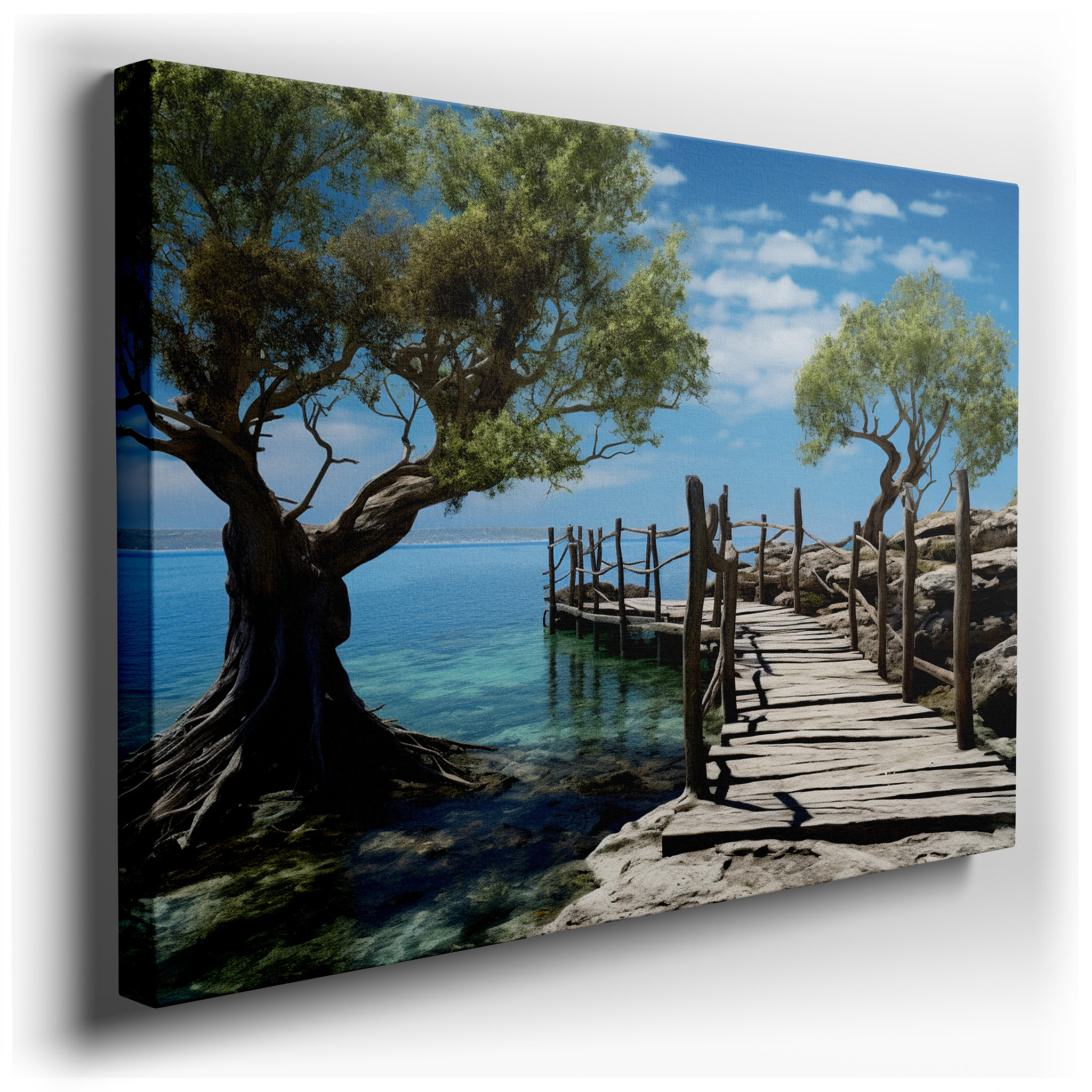 Serene Escape: Scenic Wooden Pathway Over Turquoise Waters - Large Canvas Wall Art for Office and Bedroom Decor wrapped