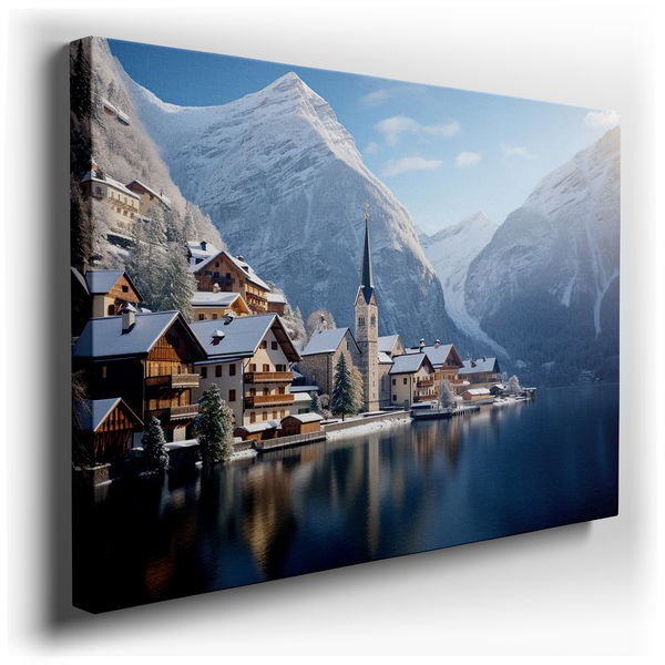 Serene European Village in Winter - Tranquil Canvas Wall Art