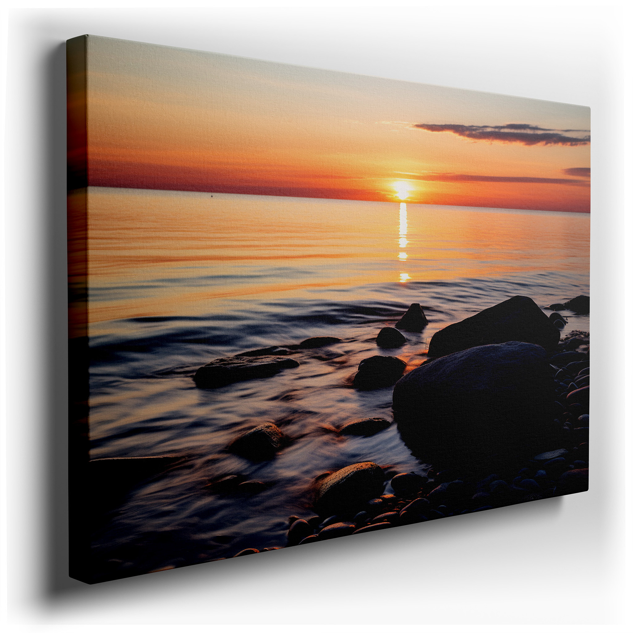 Serene Evening by the Sea - Tranquil Sunset and Pebbled Shoreline Large Wall Art, Canvas Decor for Office and Bedroom