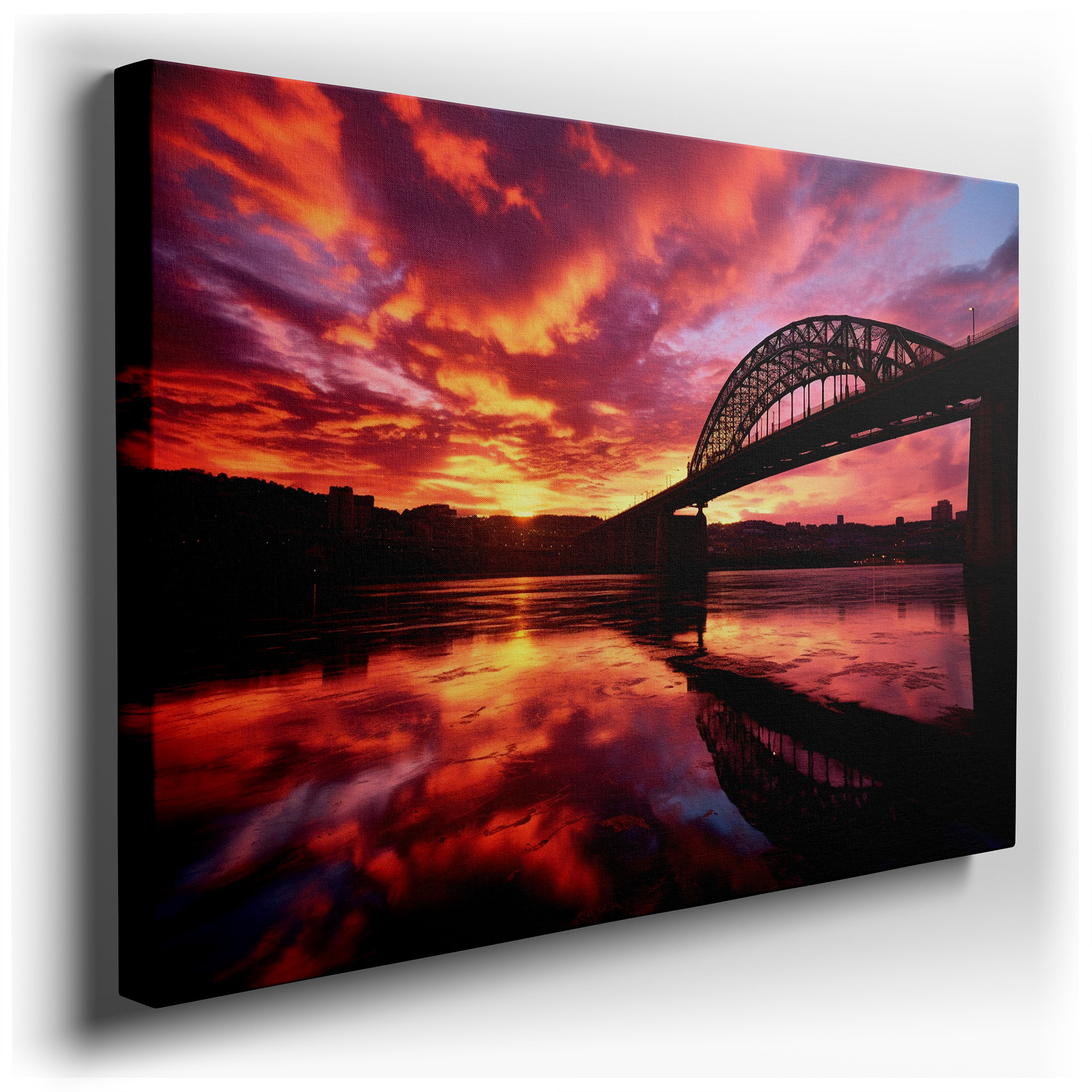 Serene Evening Featuring Architectural Wonders, Sunset Sky, and Reflective Waters: Large Canvas Wall Art for Office and