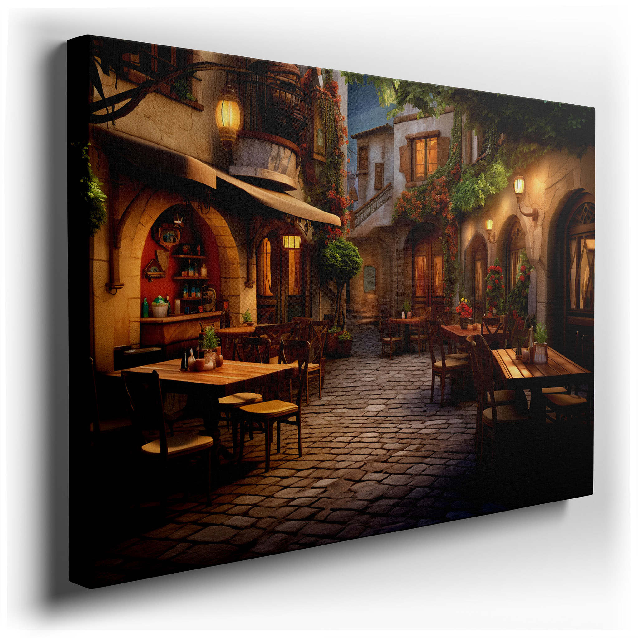 Serene Evening in a Quaint Village: Dusk Light and Cobblestone Whispers Large Canvas Wall Art for Home and Office Decor