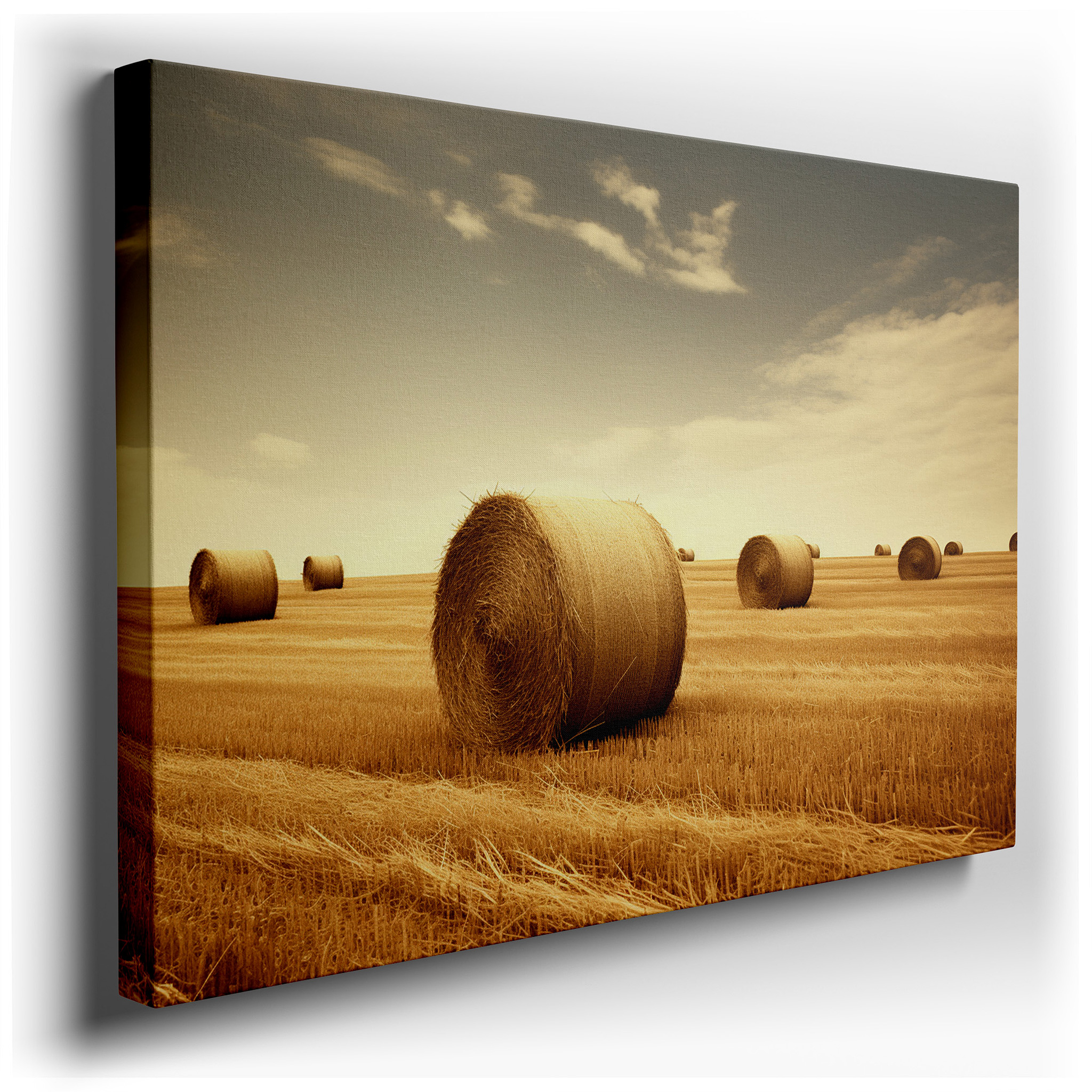 Serene Fields and Striking Skies: Large Canvas Wall Art Featuring Peaceful Landscapes and Golden Hay Bales, Perfect for