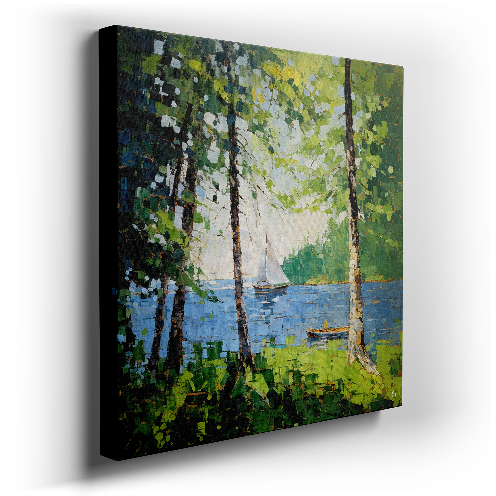 Serene Forest and Sailboat Scene, Vibrant Nature and Adventure - Themed Large Canvas Wall Art for Office Decor wrapped